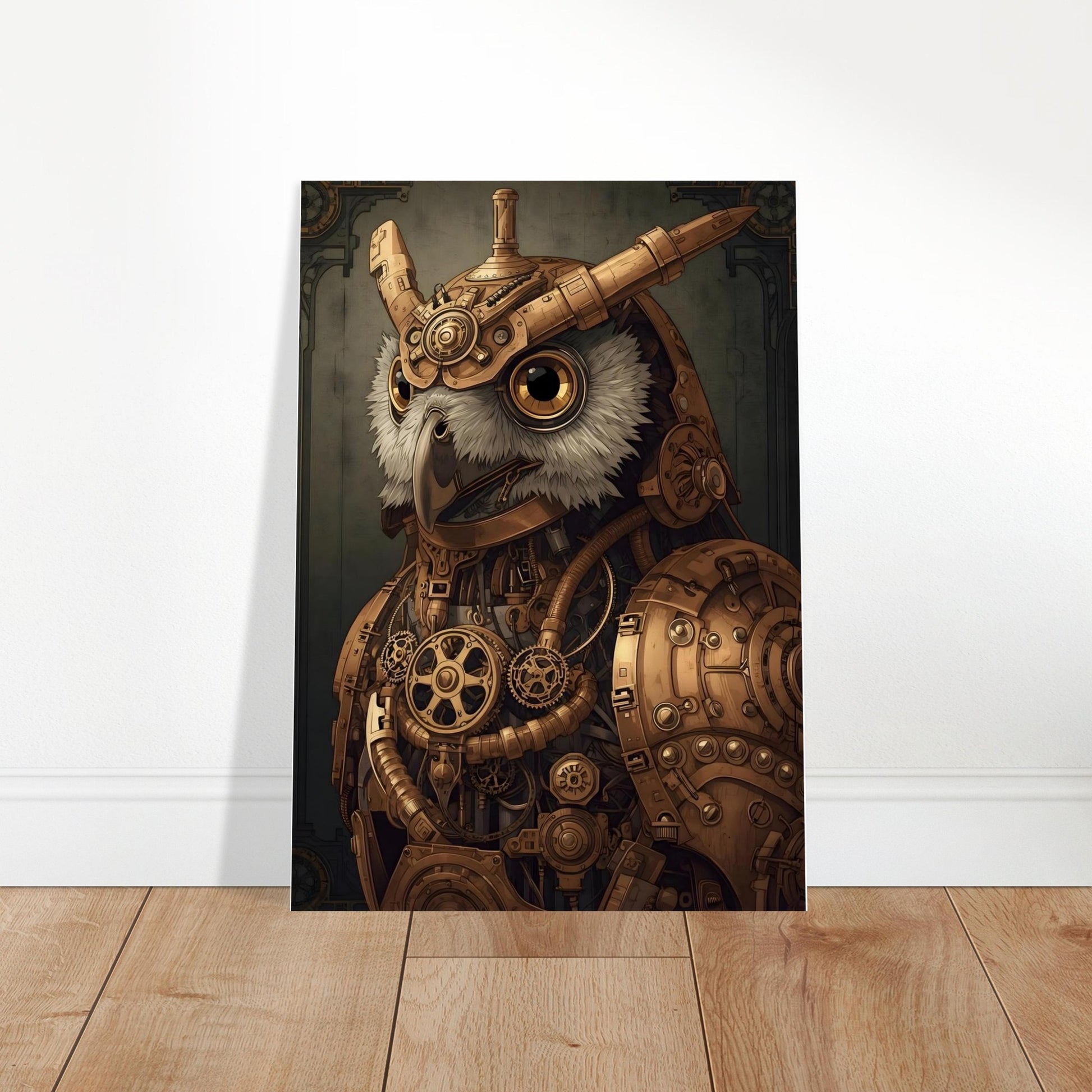 Steampunk-style owl with mechanical elements on a white wall.
