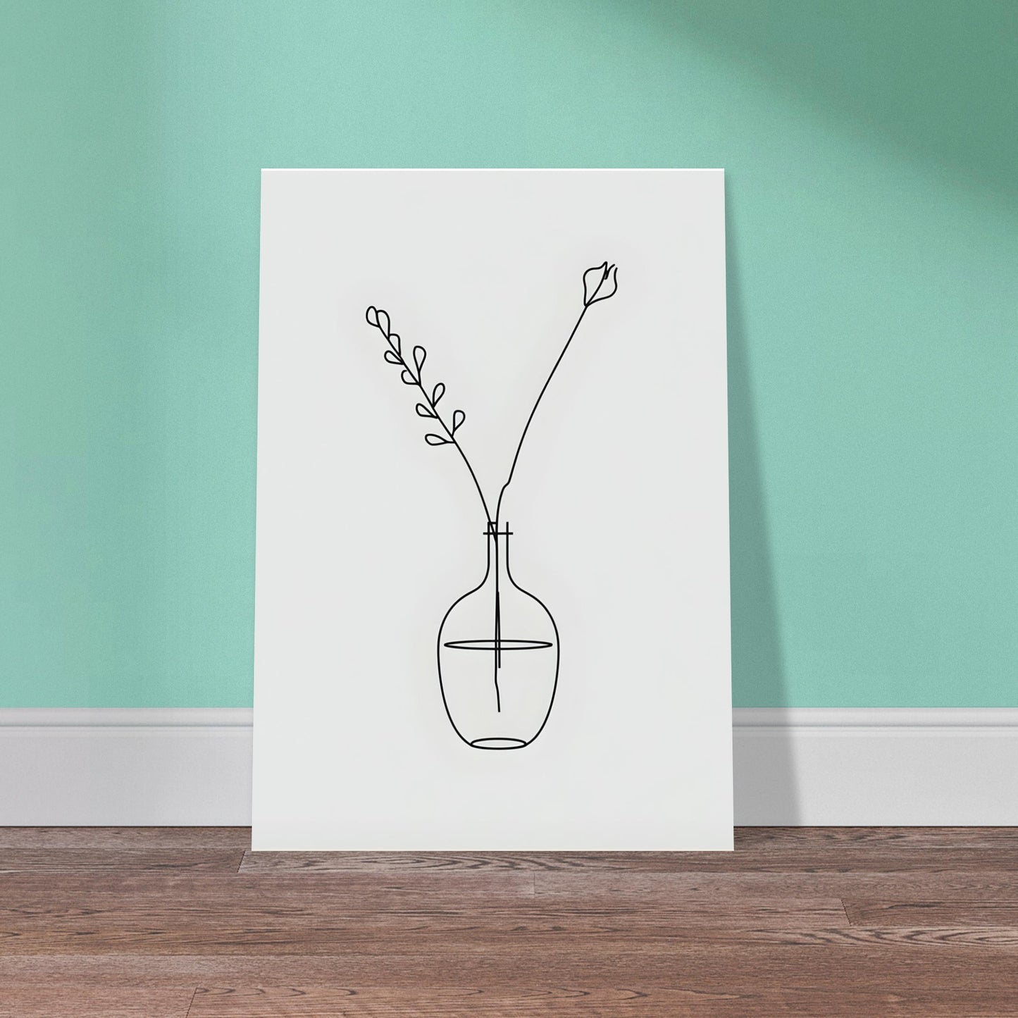 Line art of a vase with branches on a white background against a teal wall.