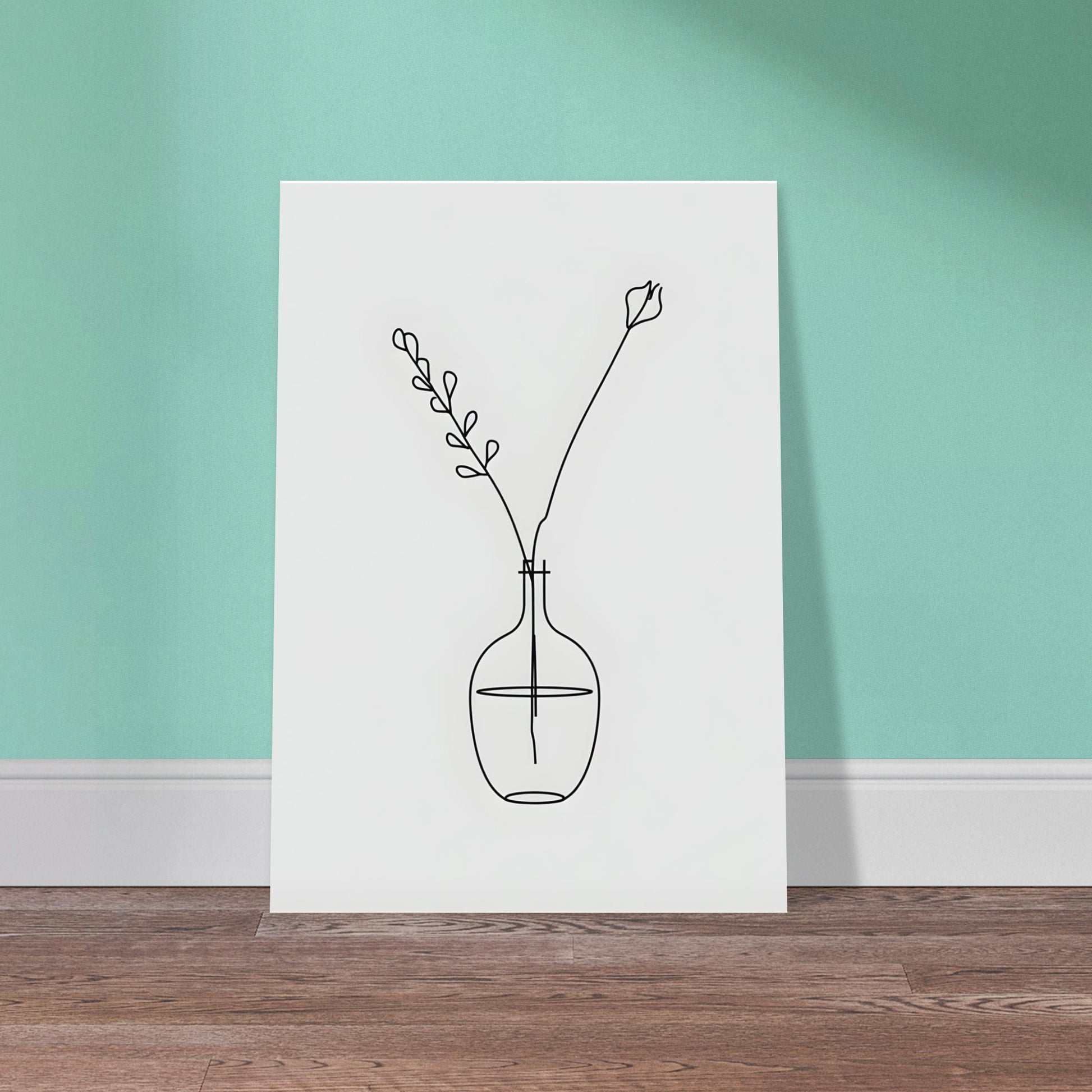 Line art of a vase with branches on a white background against a teal wall.