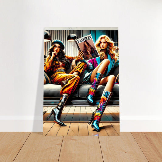 Fashion wall art poster of two models reading on a sofa, wearing colourful high heel boots. Bold, vibrant style with modern interior theme
