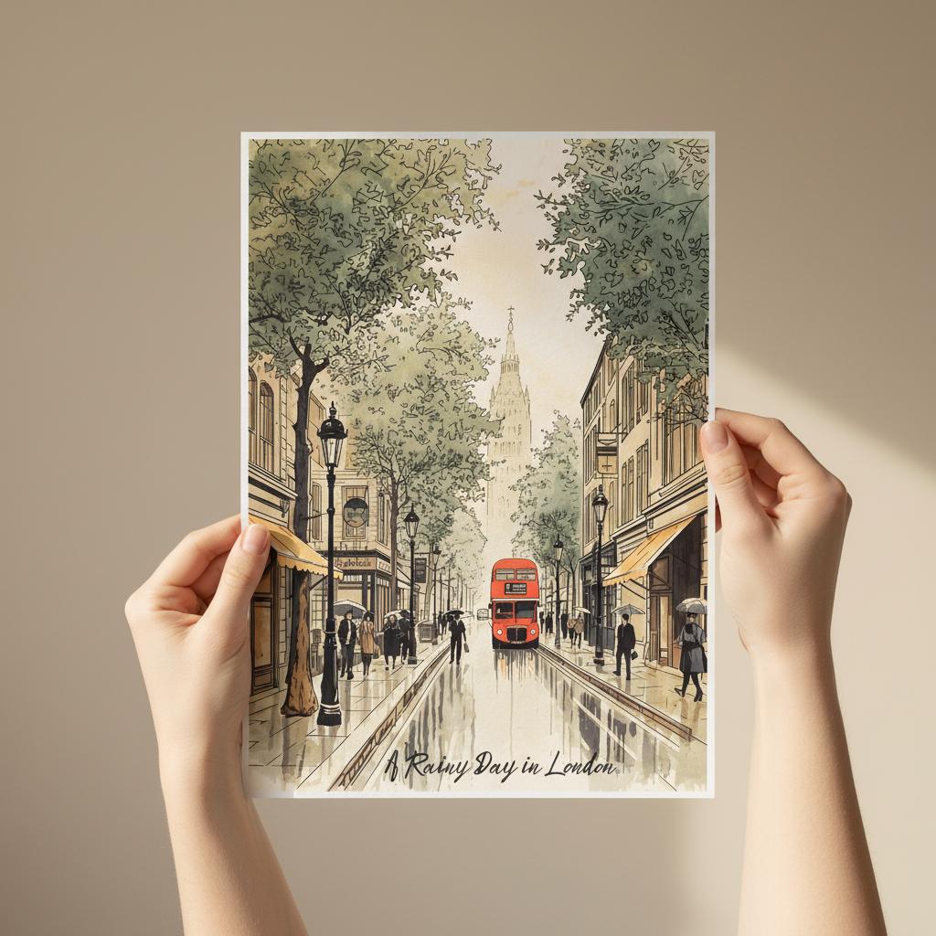Art print of a rainy day in London with a double-decker bus, held up against a beige wall.