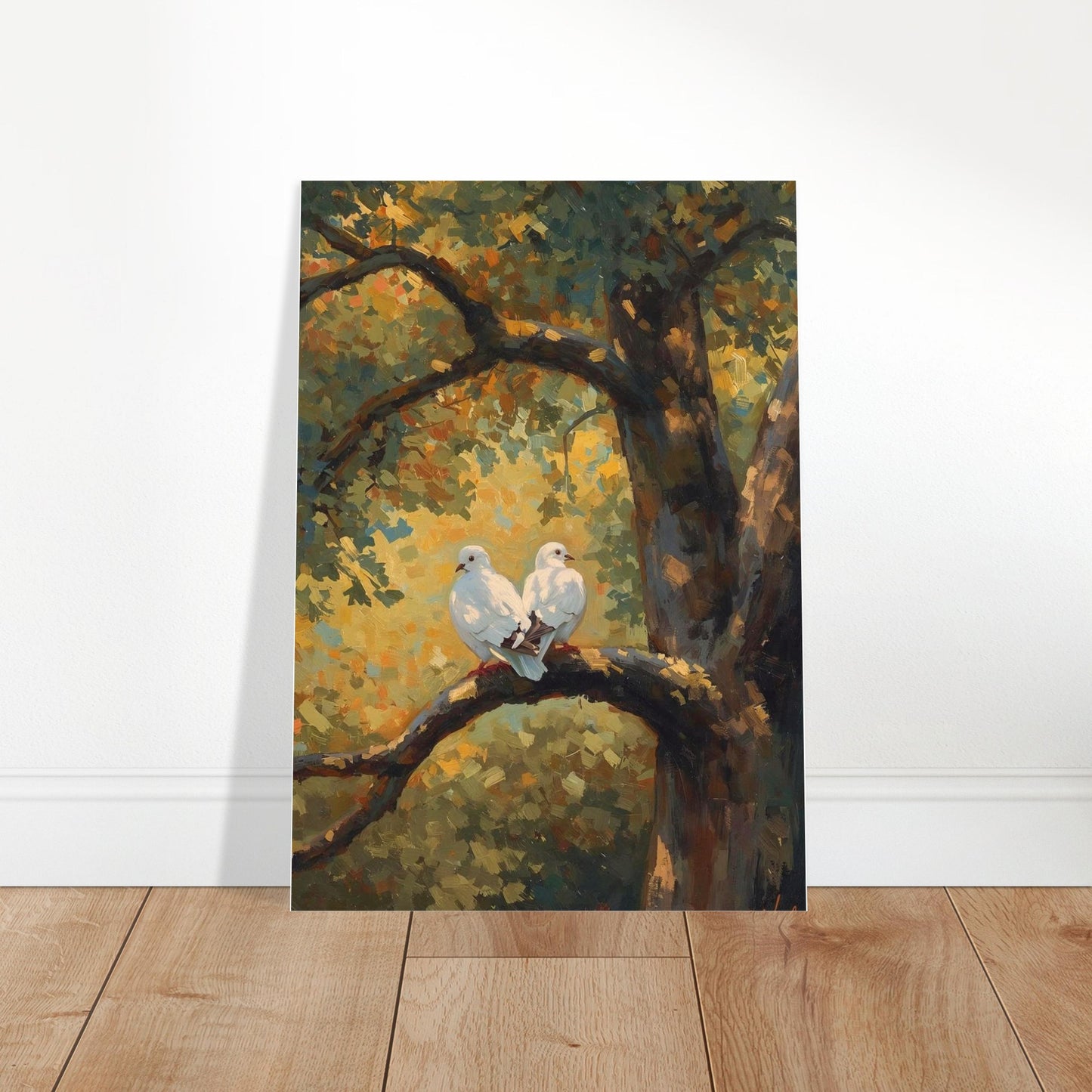 Painting of two white doves perched on a branch with autumn foliage