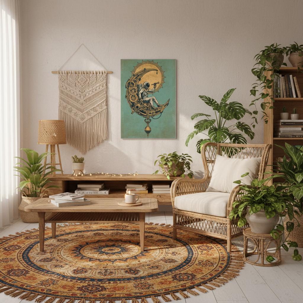 Living room with wicker furniture, round rug, and wall art