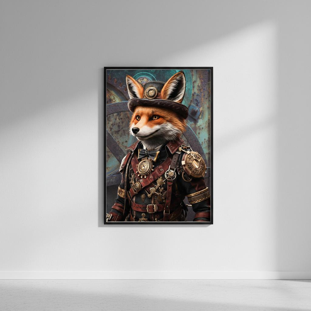 Framed artwork of a fox in steampunk attire on a gray wall.