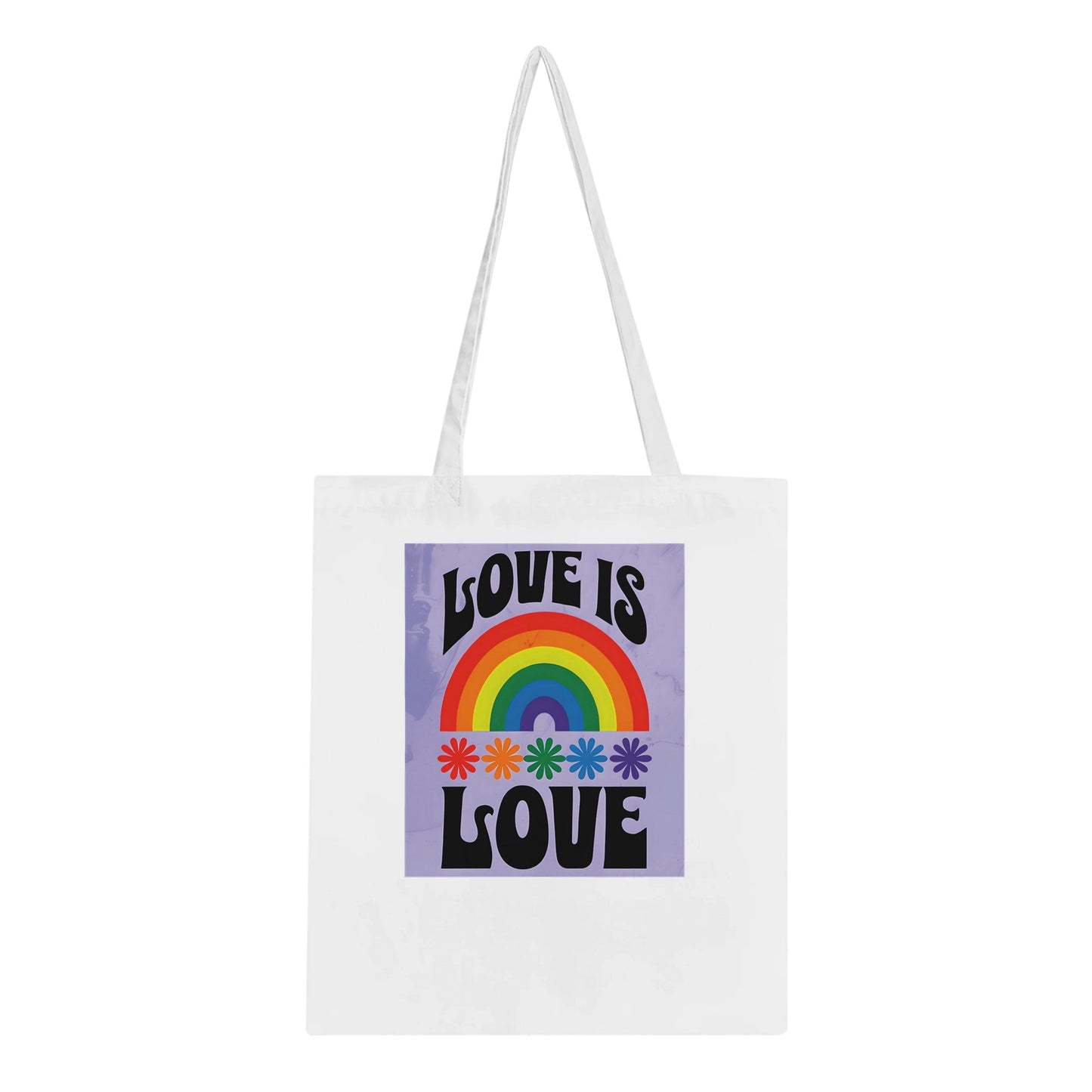 Tote bag with 'Love is Love' and rainbow design on a white background