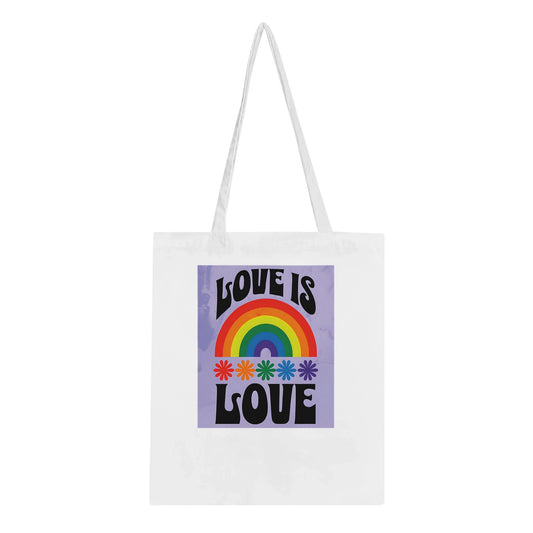 Tote bag with 'Love is Love' and rainbow design on a white background
