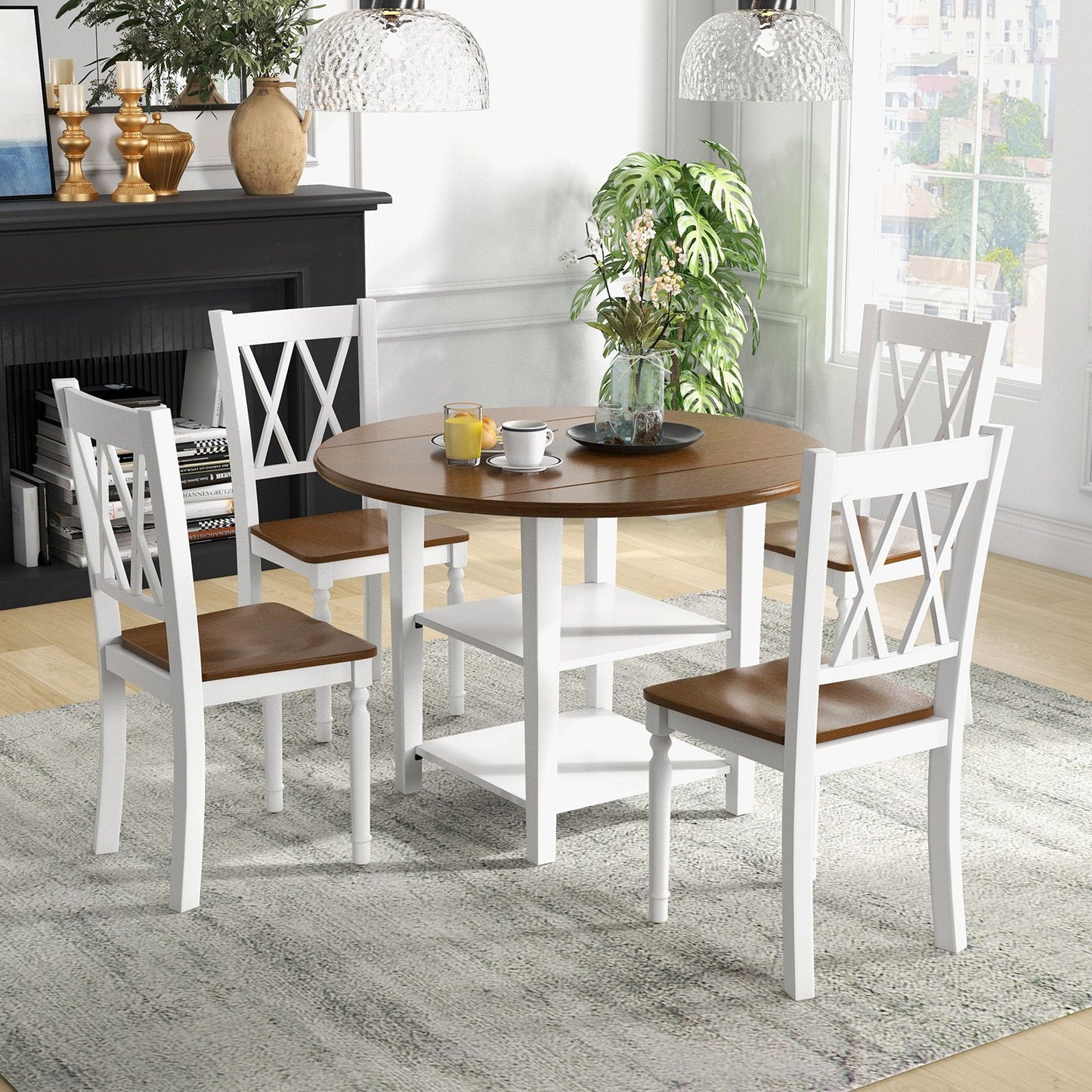 5 Pieces Extendable Dining Table Set with 2-Tier Storage Shelf