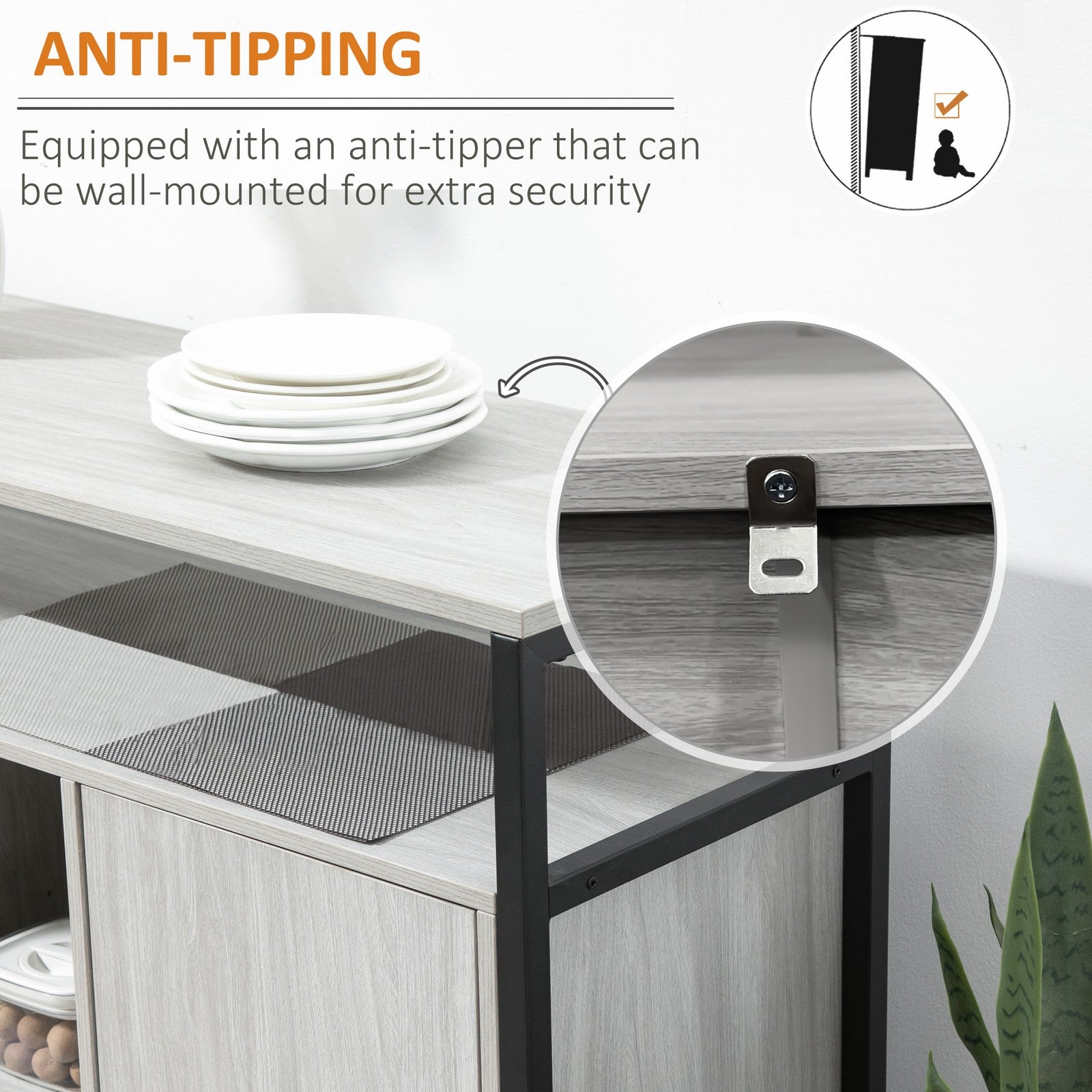 Modern Sideboard, Storage Cabinet with Adjustable Shelves Steel Frame Light Grey