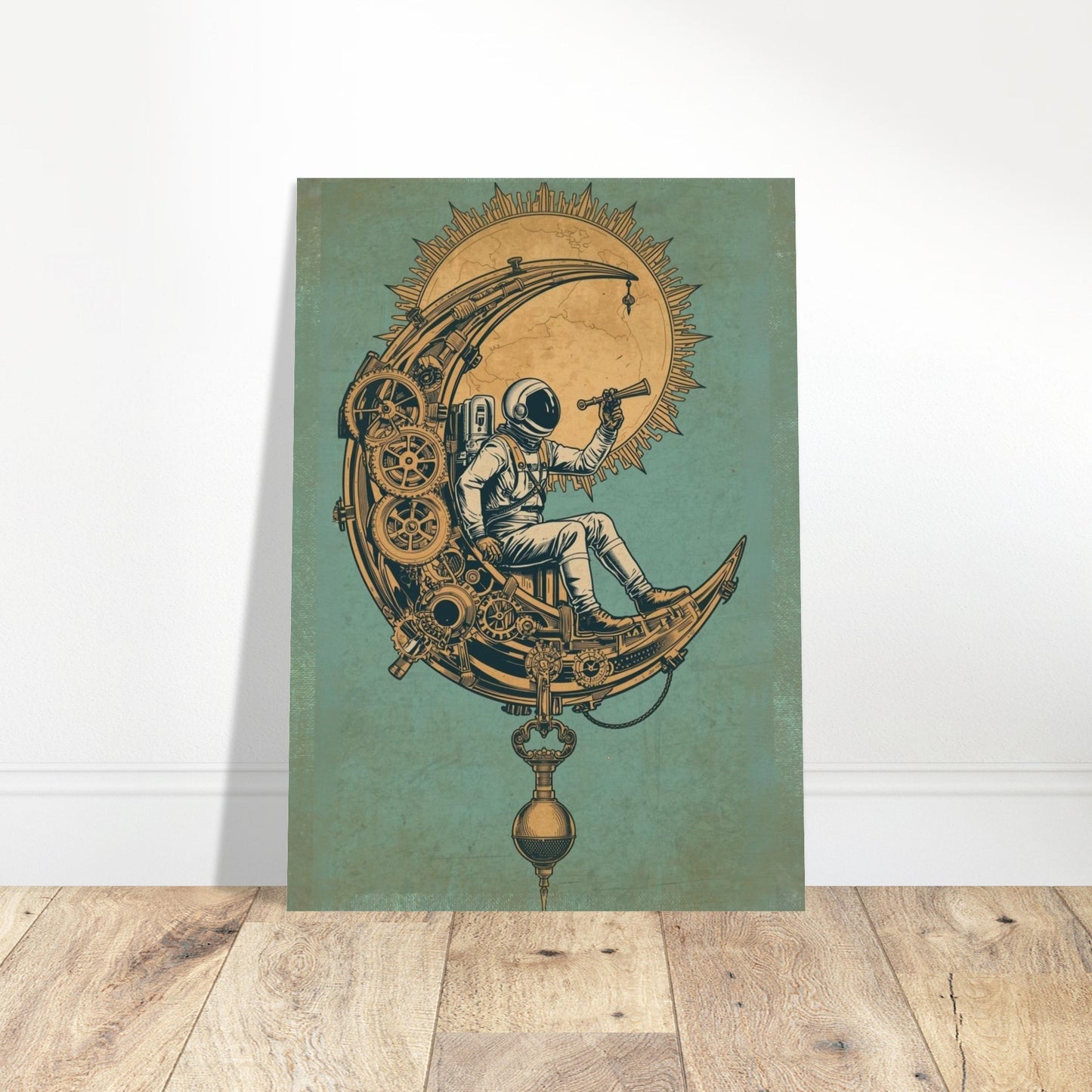 Canvas print with an astronaut on a mechanical moon design against a green background