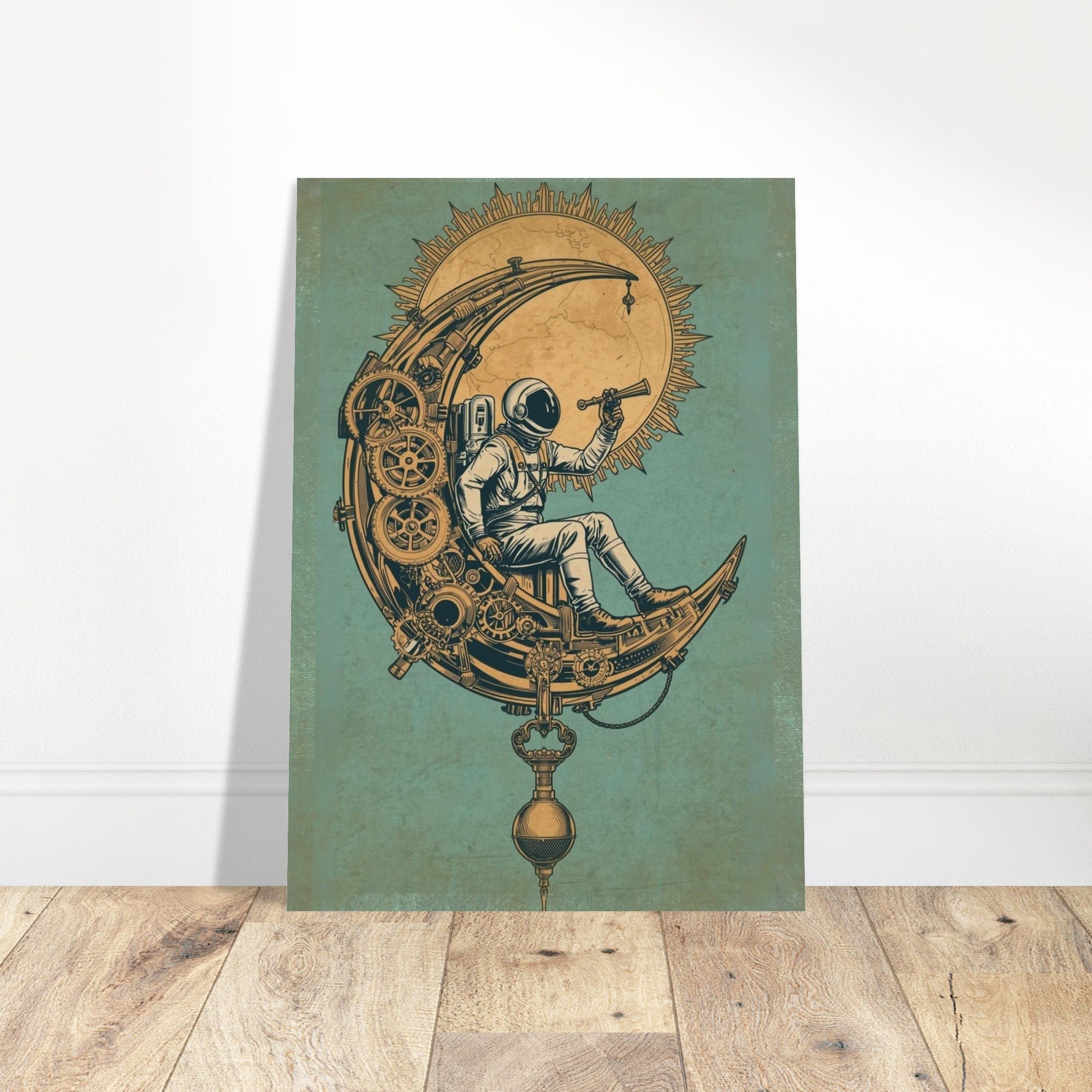 Canvas print with an astronaut on a mechanical moon design against a green background