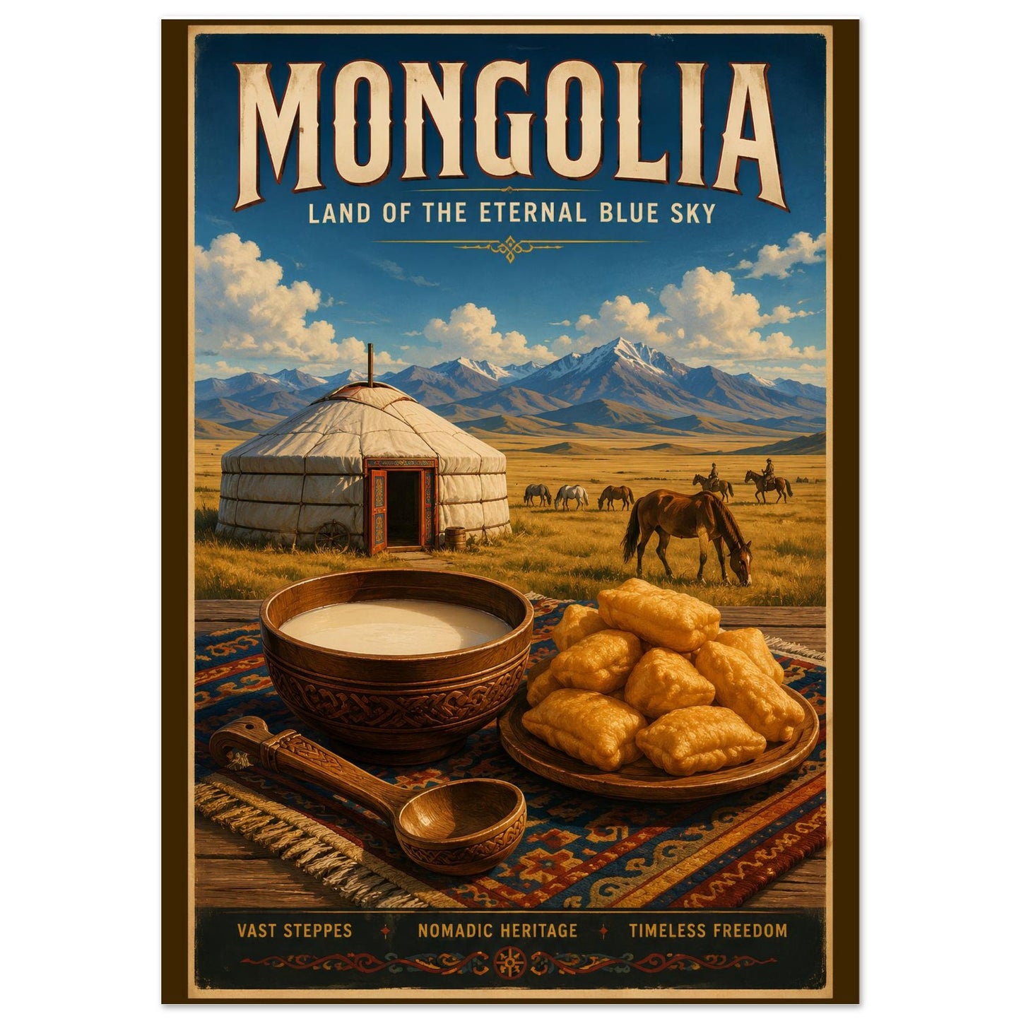 Mongolia travel poster showcasing traditional airag, boortsog pastries, a nomadic ger, grazing horses, and the vast Mongolian steppe.