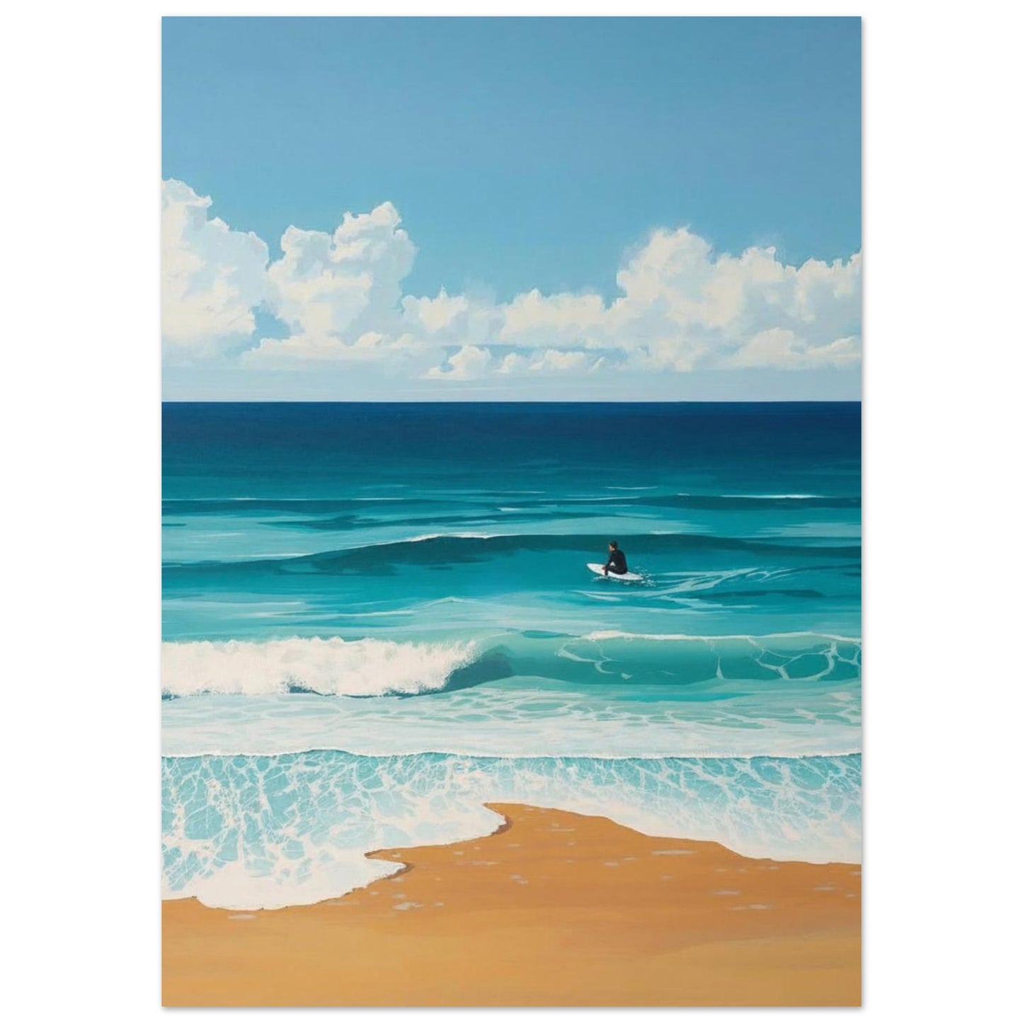 Surfer in the ocean with a clear blue sky and white clouds.