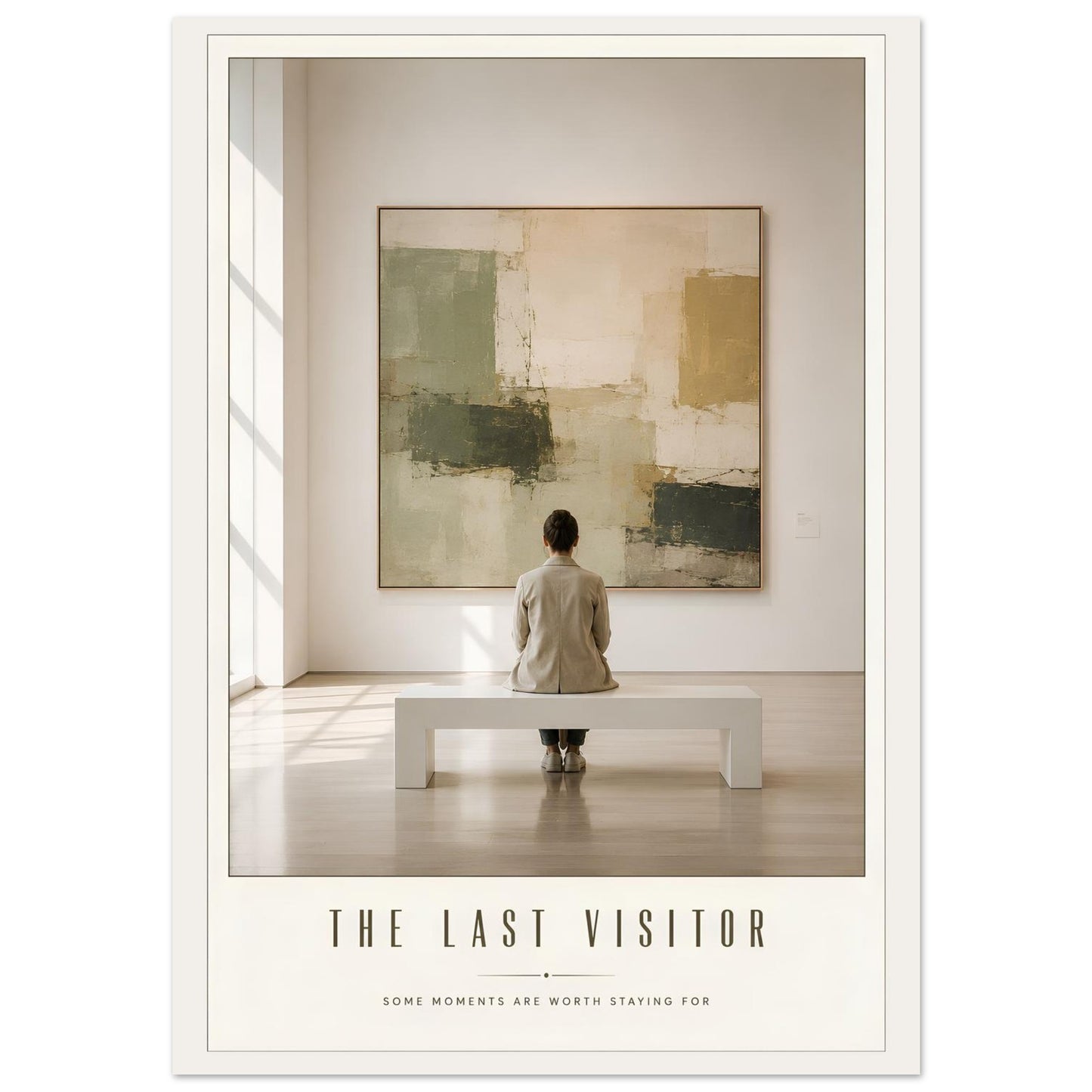 Poster of a Person sitting on a bench in front of an abstract painting with text 'The Last Visitor' at the bottom.