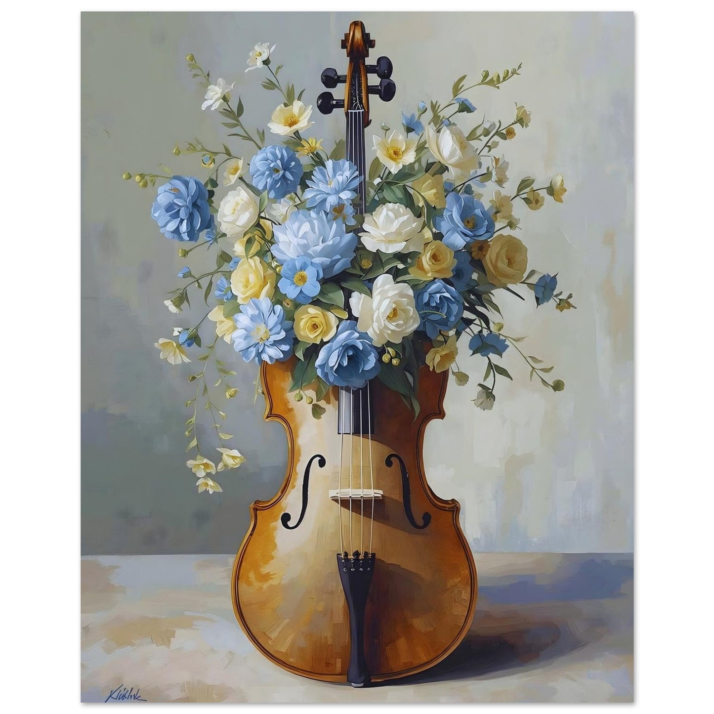 Painting of a violin with a vase of flowers on a neutral background