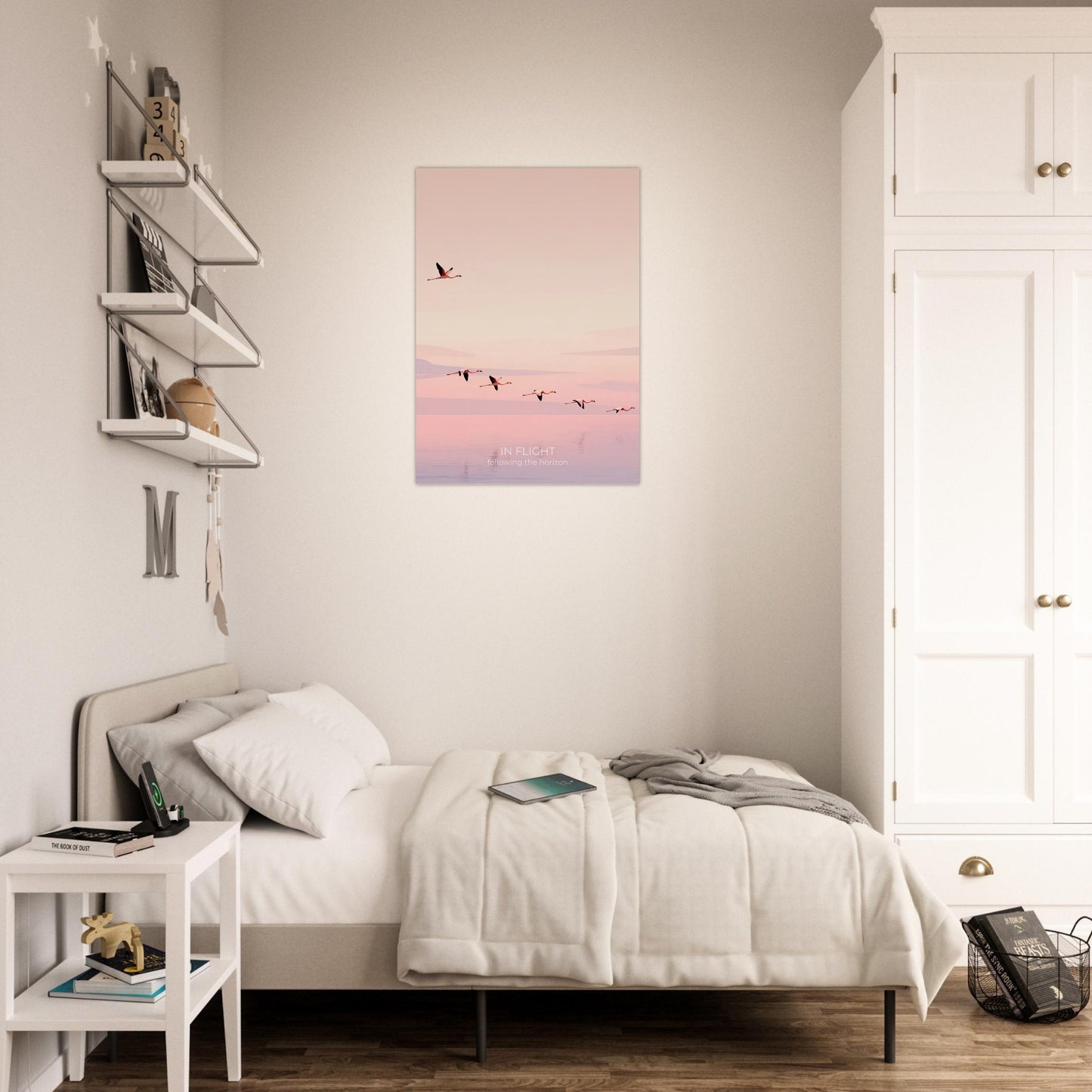 Flamingo wall art hanging above a bed in a modern bedroom, adding a peaceful and uplifting atmosphere with soft pink tones.