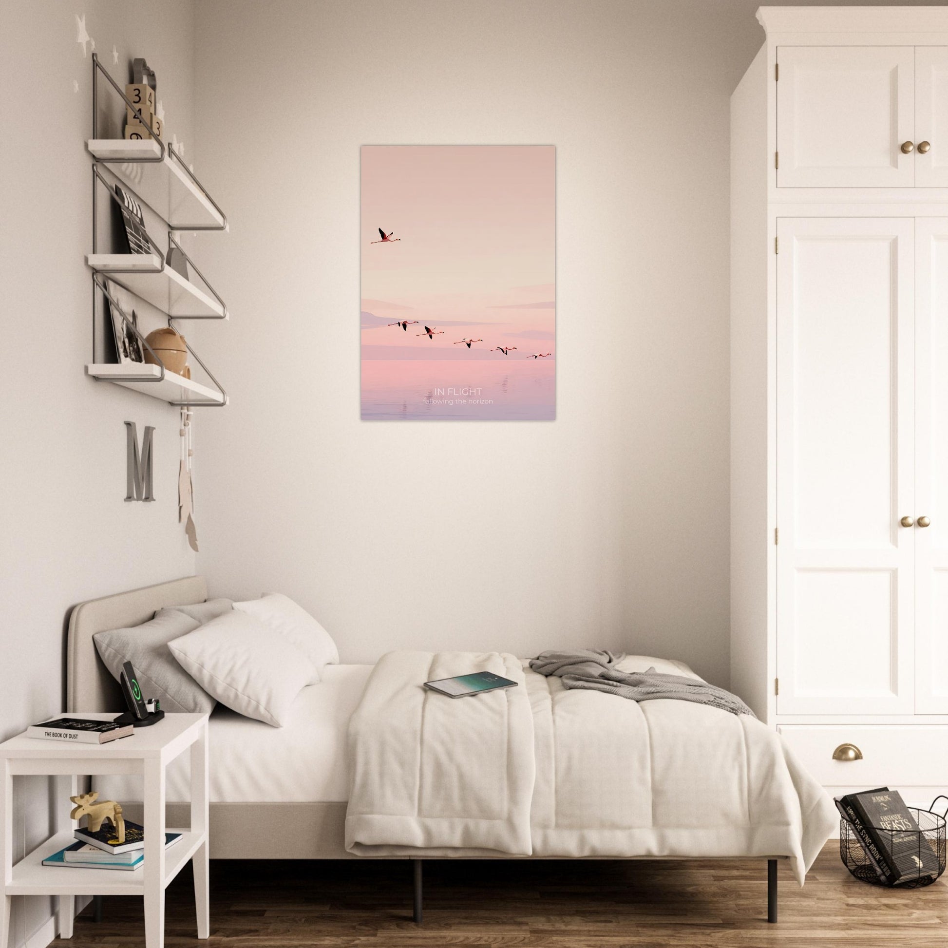 Flamingo wall art hanging above a bed in a modern bedroom, adding a peaceful and uplifting atmosphere with soft pink tones.