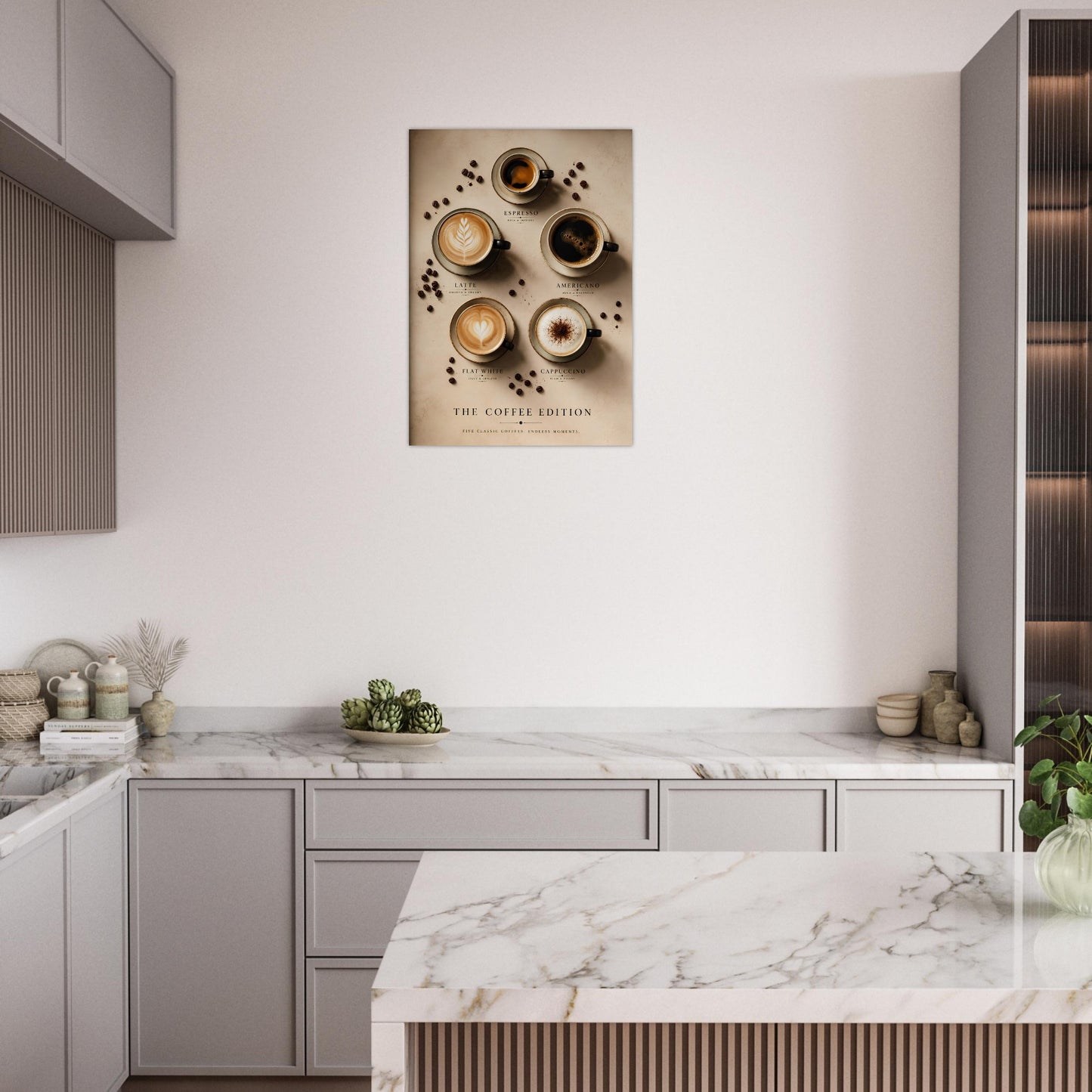 Modern kitchen with marble island and wall art of a Coffee Guide Poster close-up showing five classic coffee styles