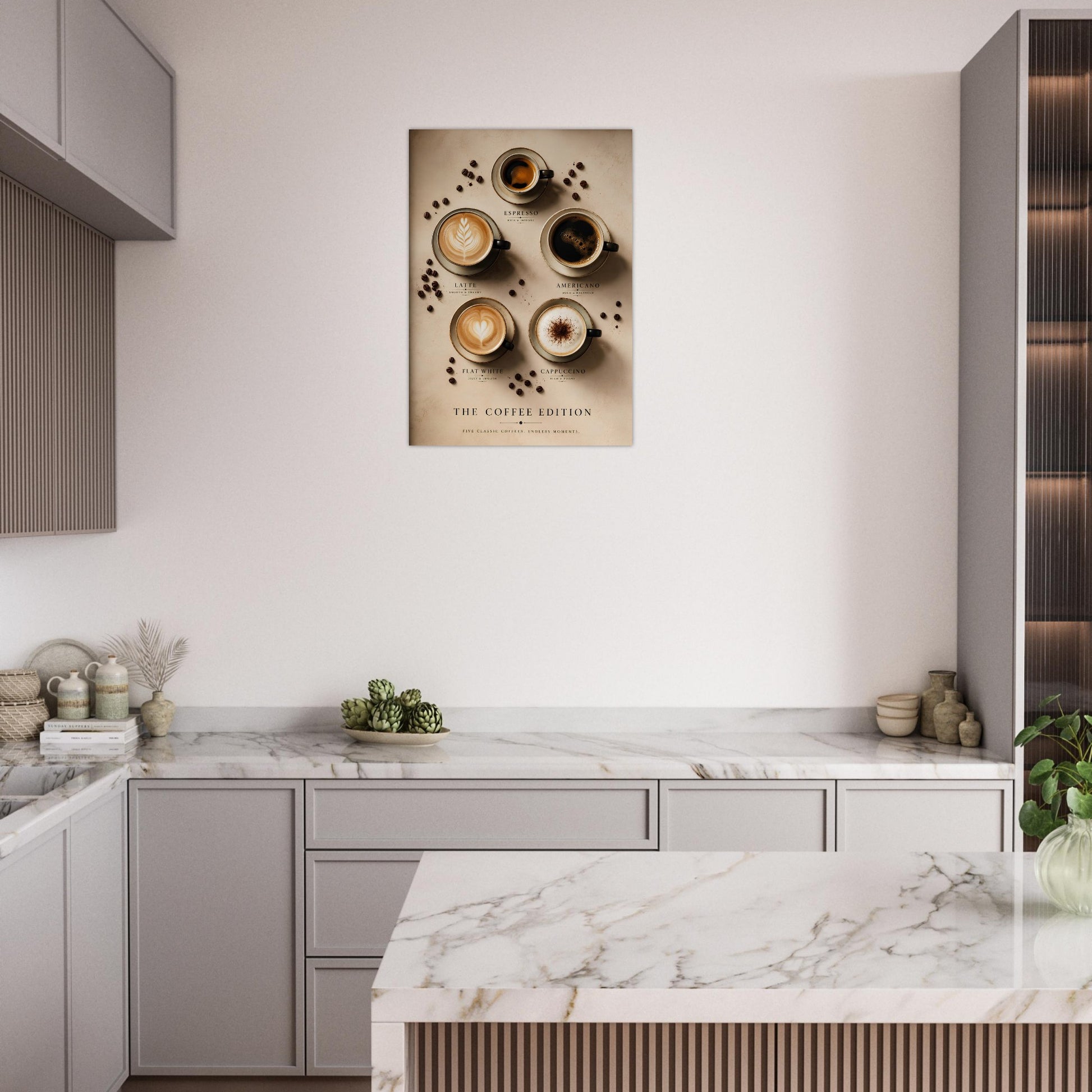 Modern kitchen with marble island and wall art of a Coffee Guide Poster close-up showing five classic coffee styles