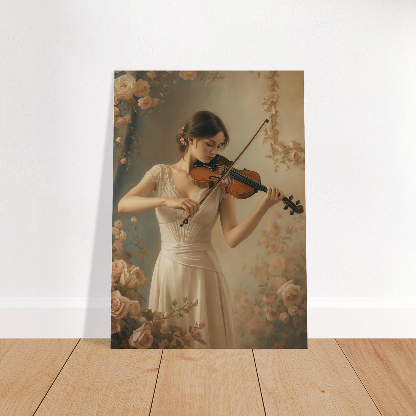 Art print of a woman playing the violin surrounded by flowers on a wooden floor.