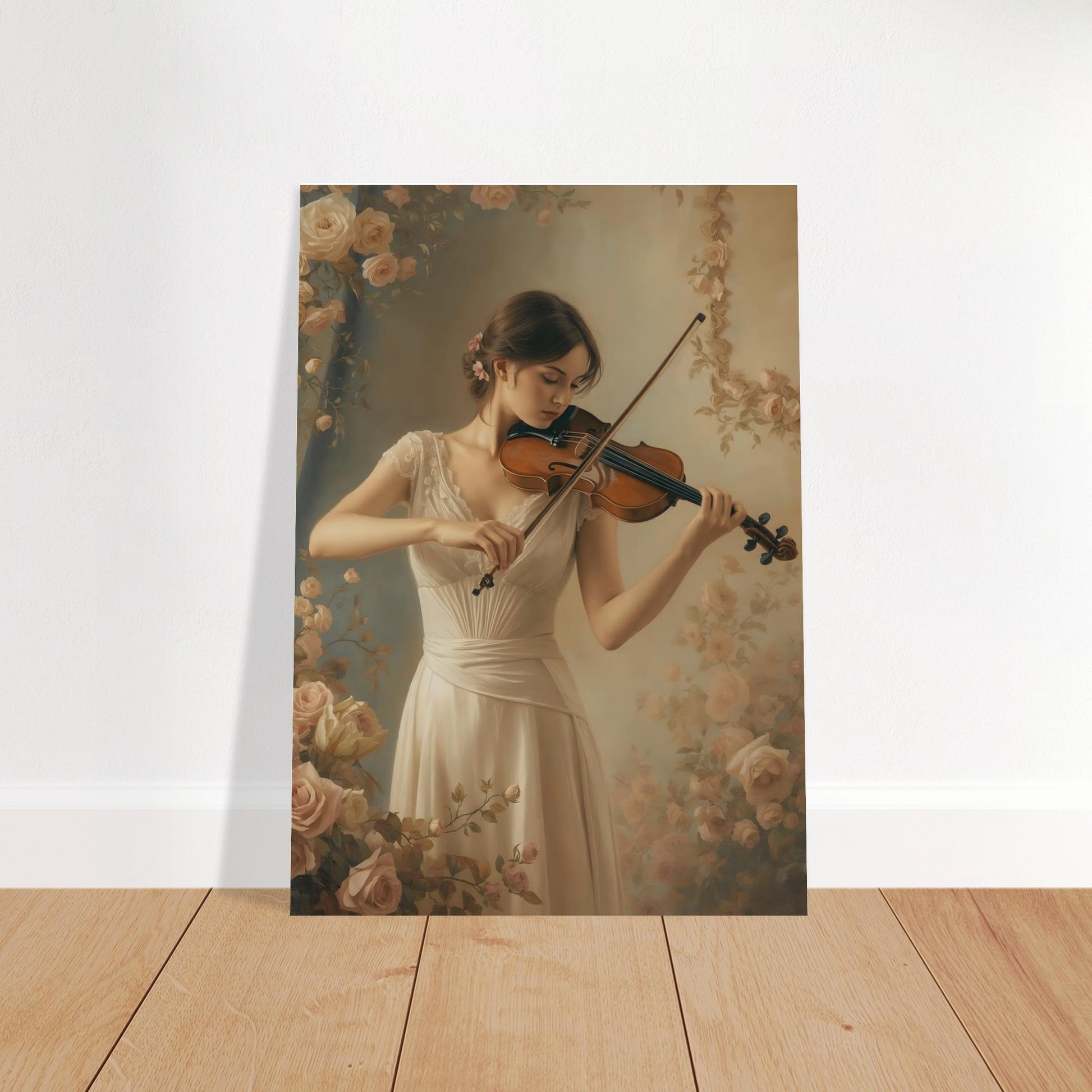 Art print of a woman playing the violin surrounded by flowers on a wooden floor.