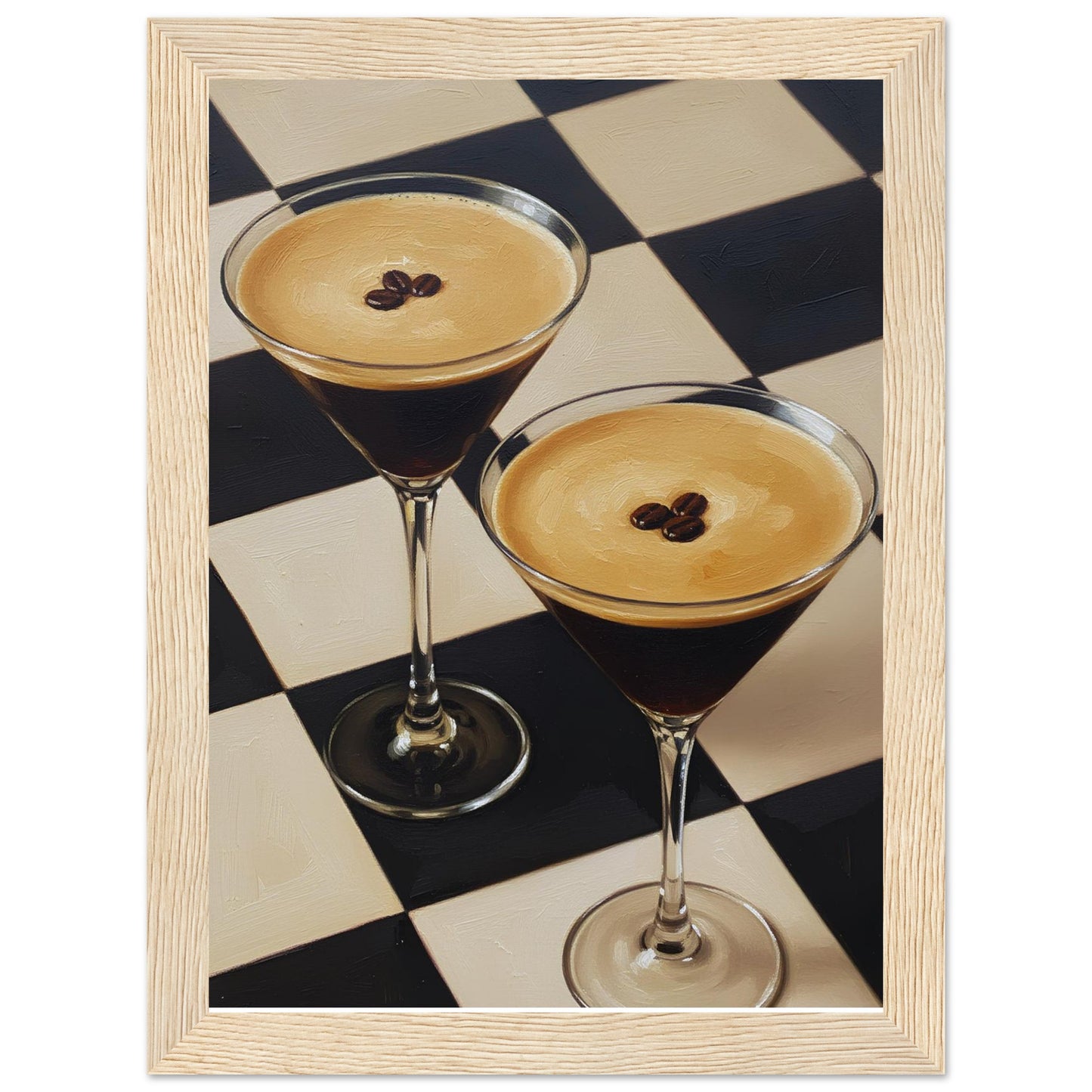 Framed Espresso Martini print featuring two classic cocktails with rich coffee tones and a geometric checkerboard pattern.