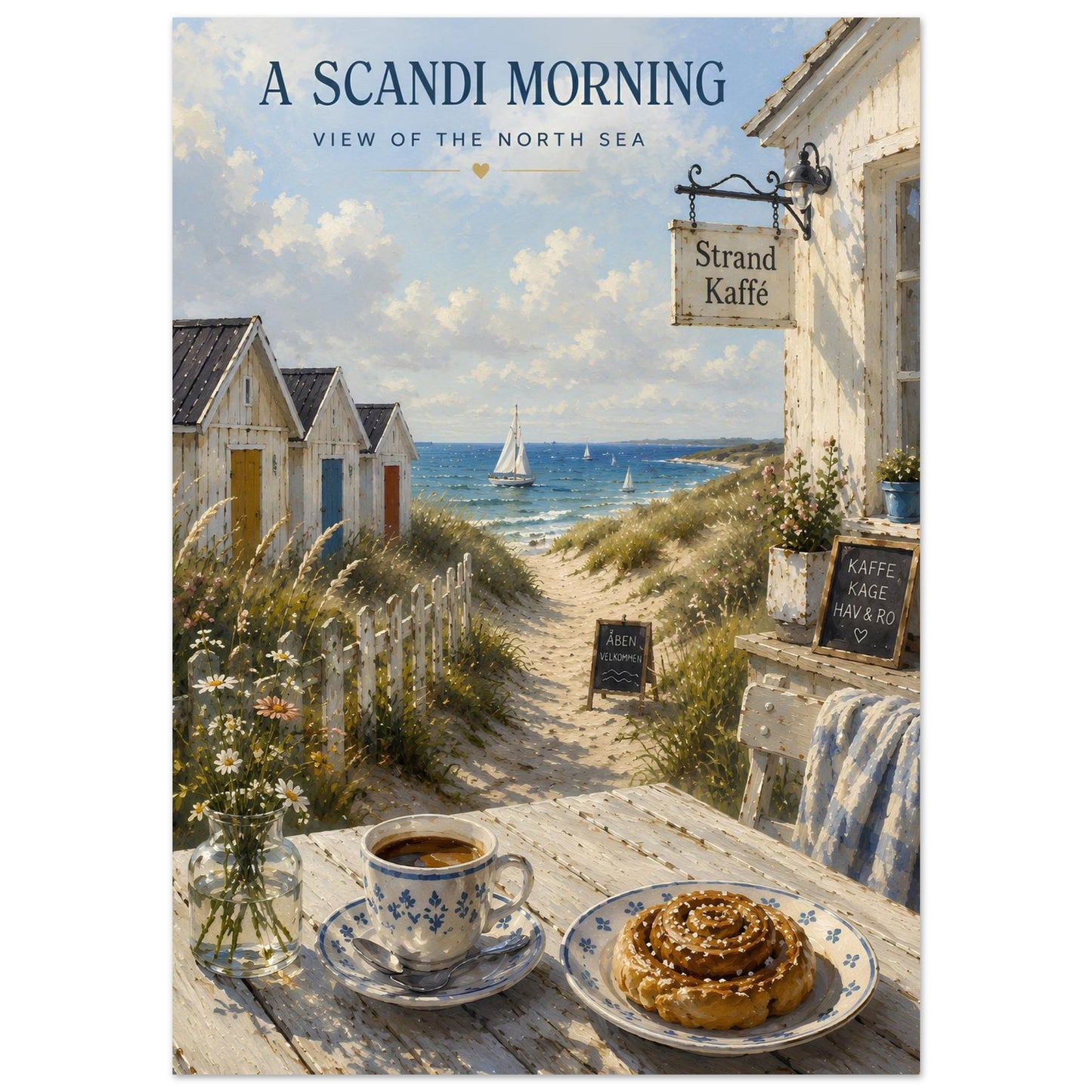 Nordic coastal wall art featuring sandy dunes, sailing boats and a seaside café in painterly style