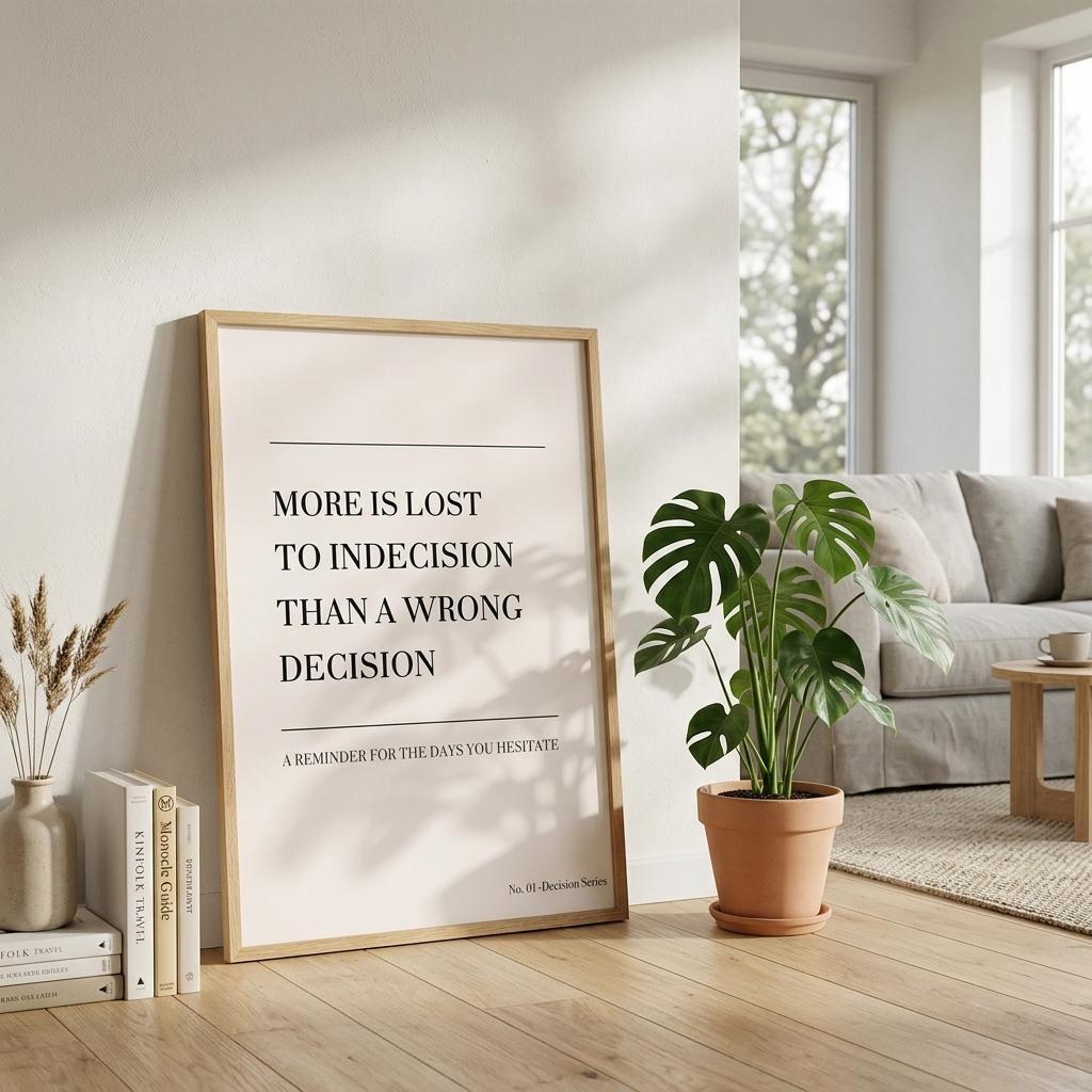 Minimalist quote poster “More is lost to indecision than a wrong decision” in neutral living room with plant