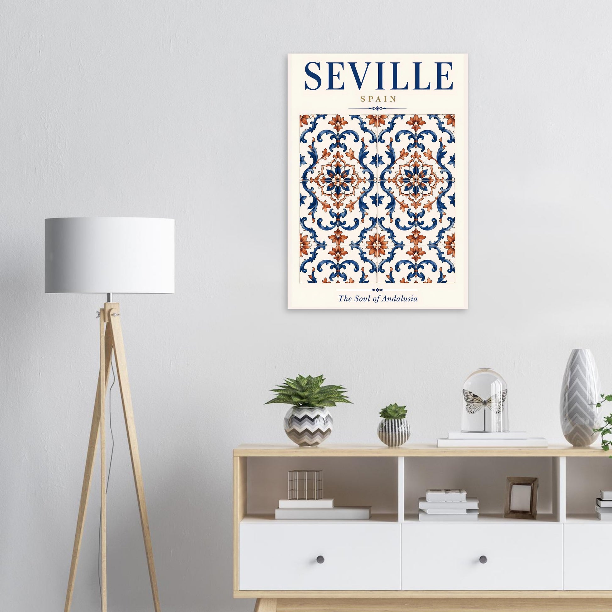 Seville tile poster displayed in a bright modern living space with a floor lamp, plants and neutral furniture.