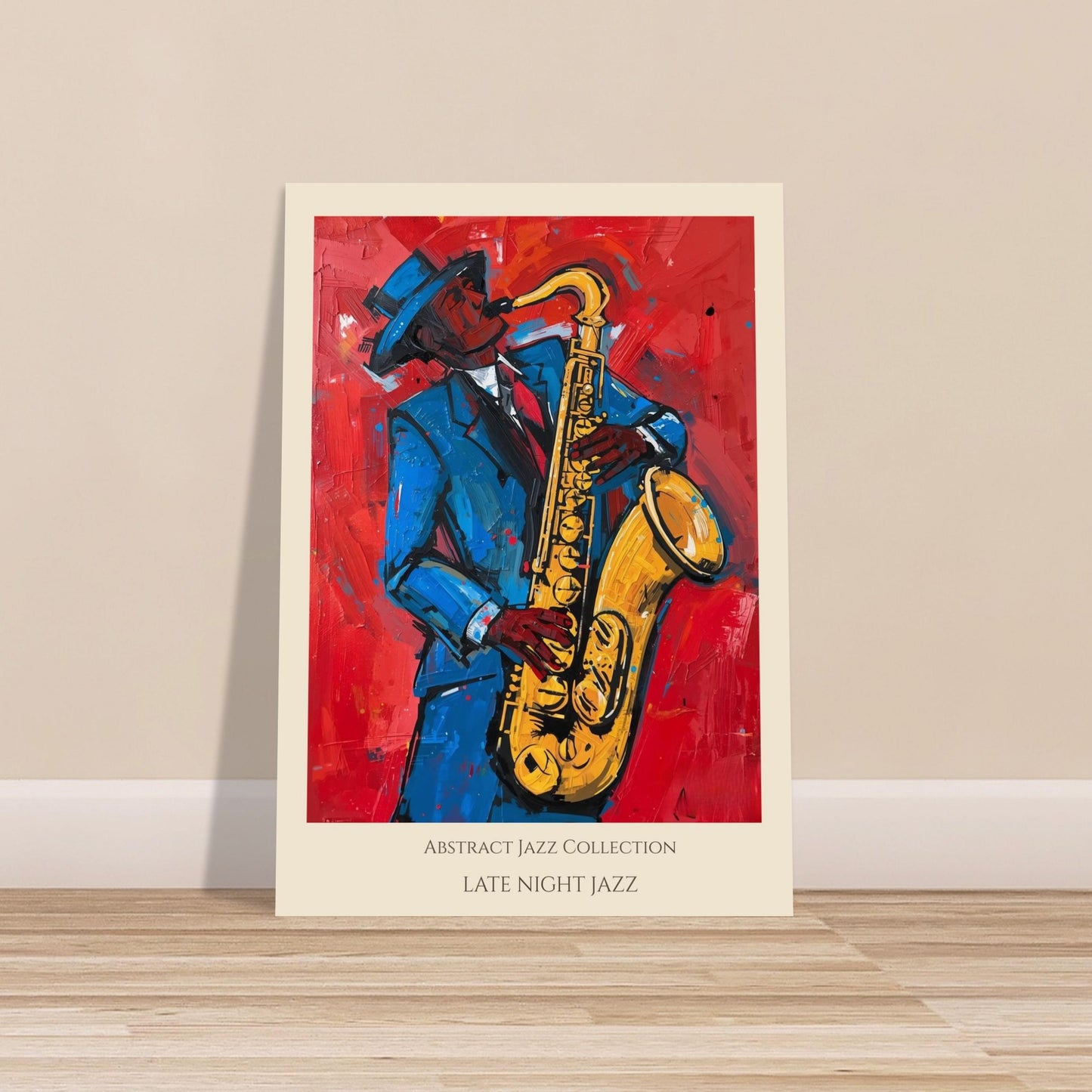 Poster of a jazz musician playing saxophone on a red background, framed against a beige wall.