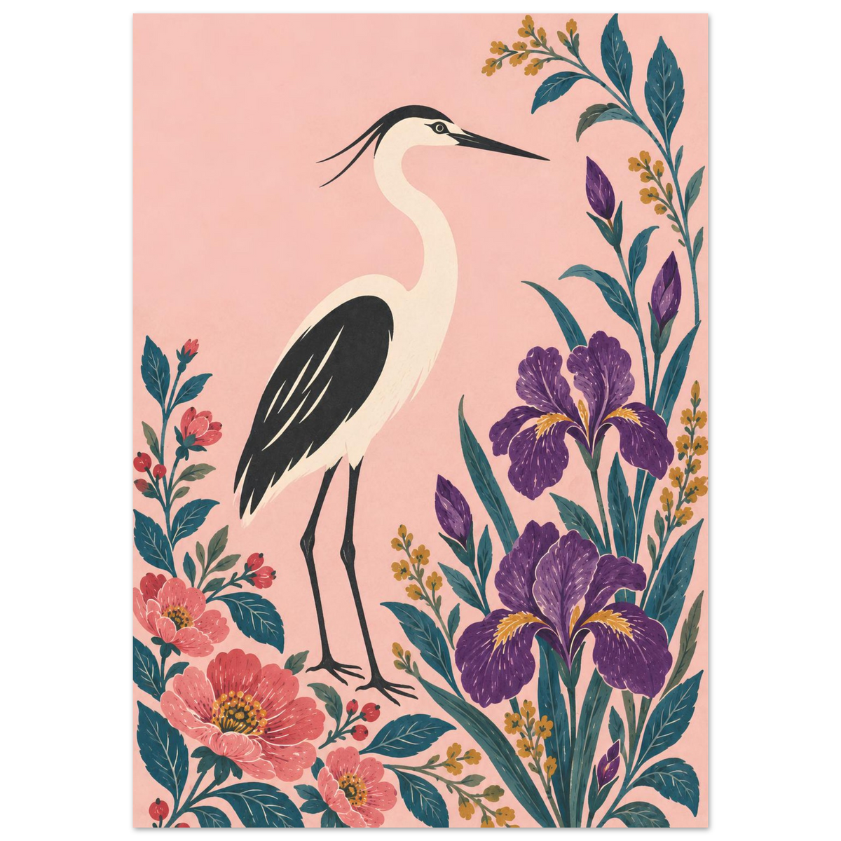 A vertical art print featuring a stylized white heron with black wings and long legs, standing among purple irises, pink flowers, and green foliage on a soft pink background.