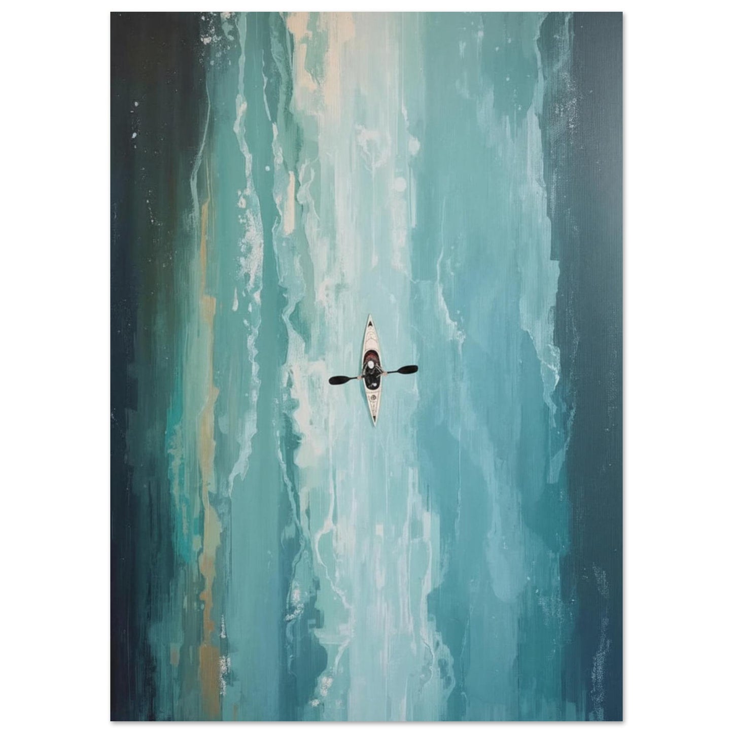 Kayaker Poster in the middle of a river with a colorful, abstract background
