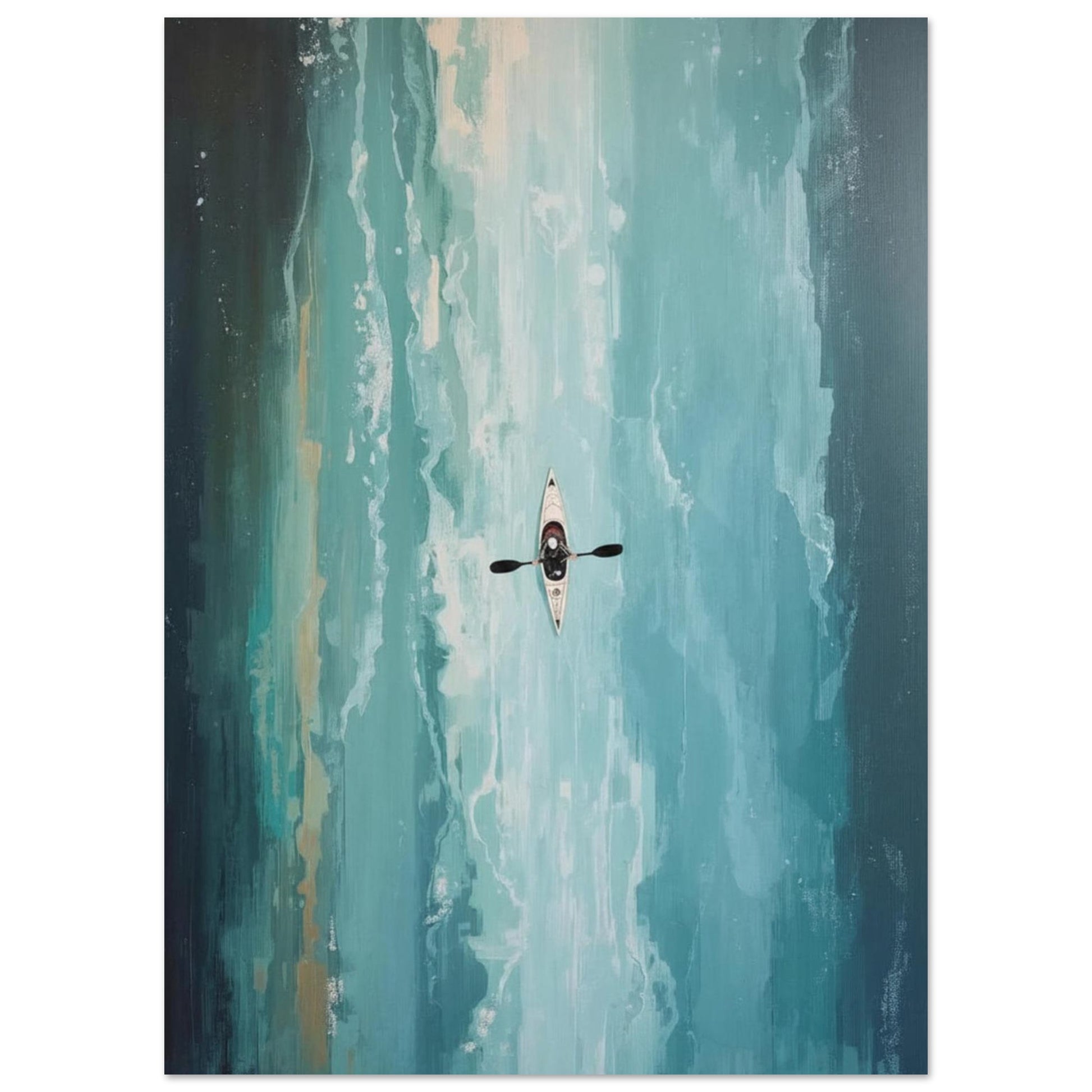 Kayaker Poster in the middle of a river with a colorful, abstract background