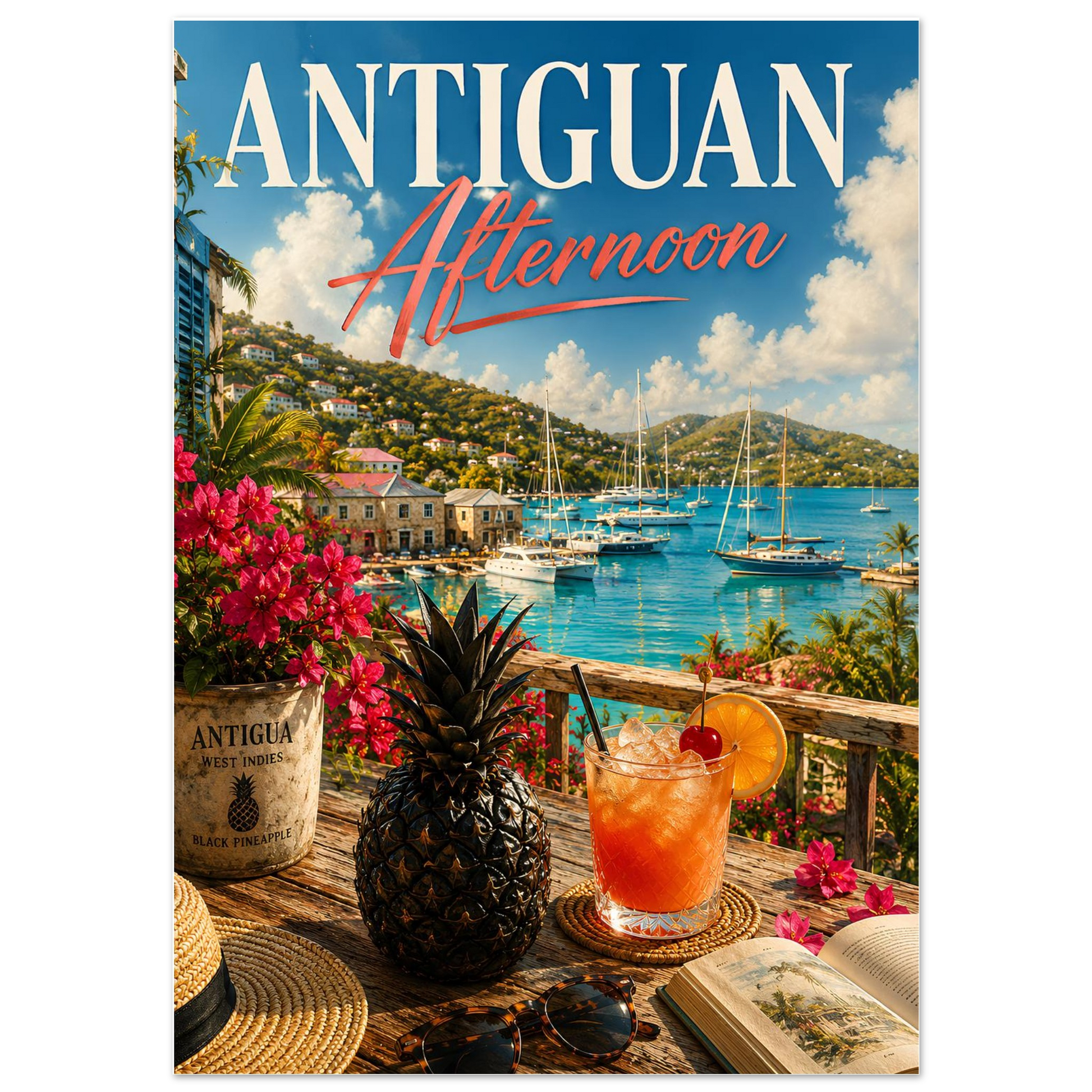 Caribbean wall art featuring English Harbour, sailing yachts and a black pineapple in painterly style