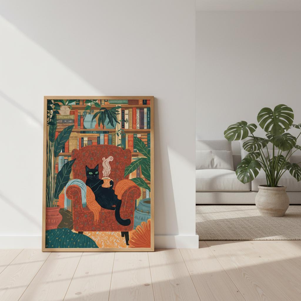 Colorful framed artwork of a black cat in an armchair with plants in a modern living room.