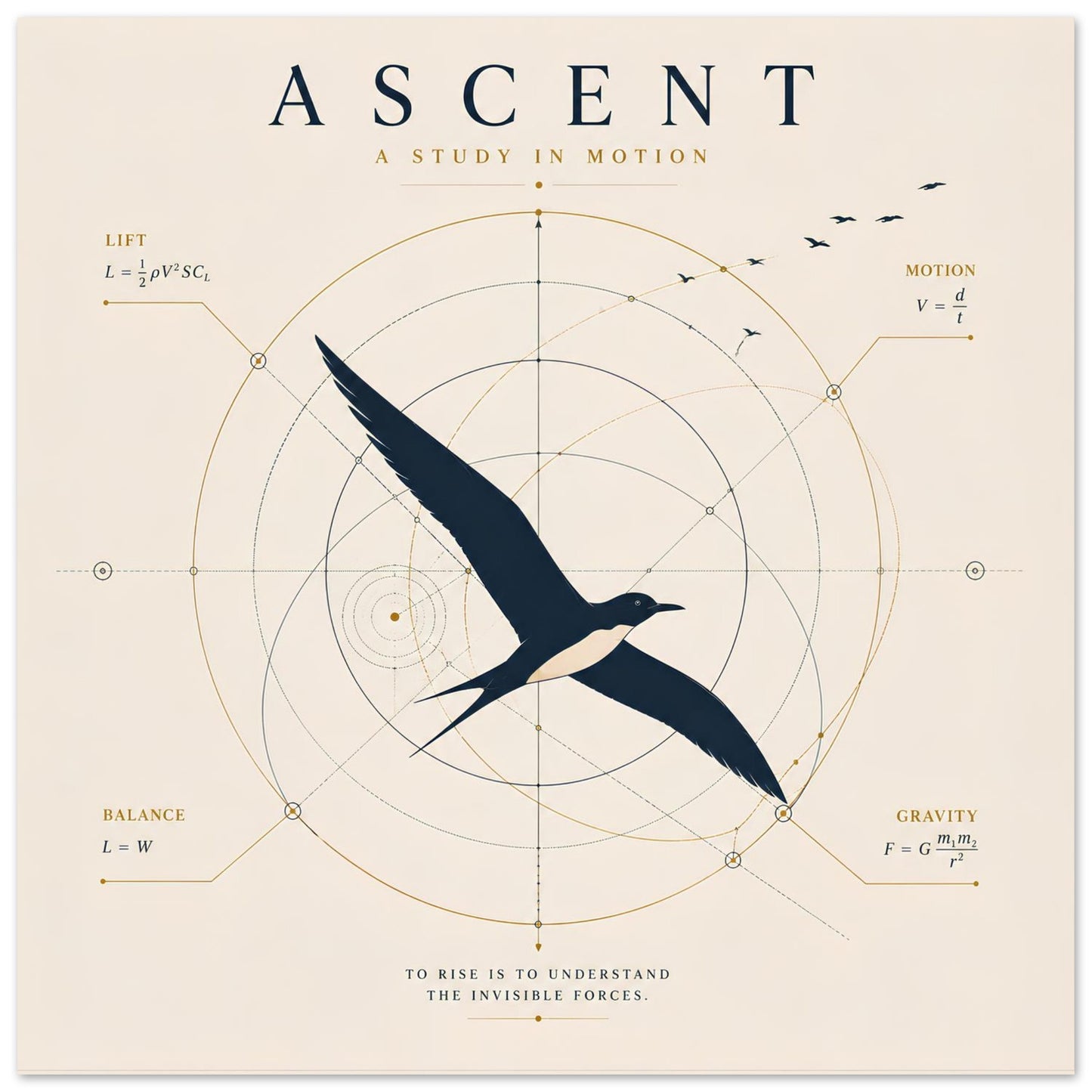 Modern bird wall art with geometric scientific line work on a warm ivory background, inspired by the science of flight.