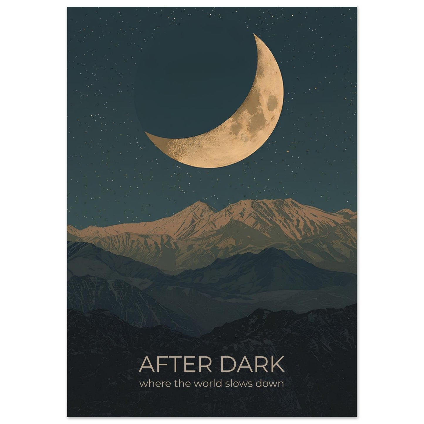 Close-up of After Dark moon wall art featuring a glowing crescent moon above layered mountains in deep navy and teal tones.