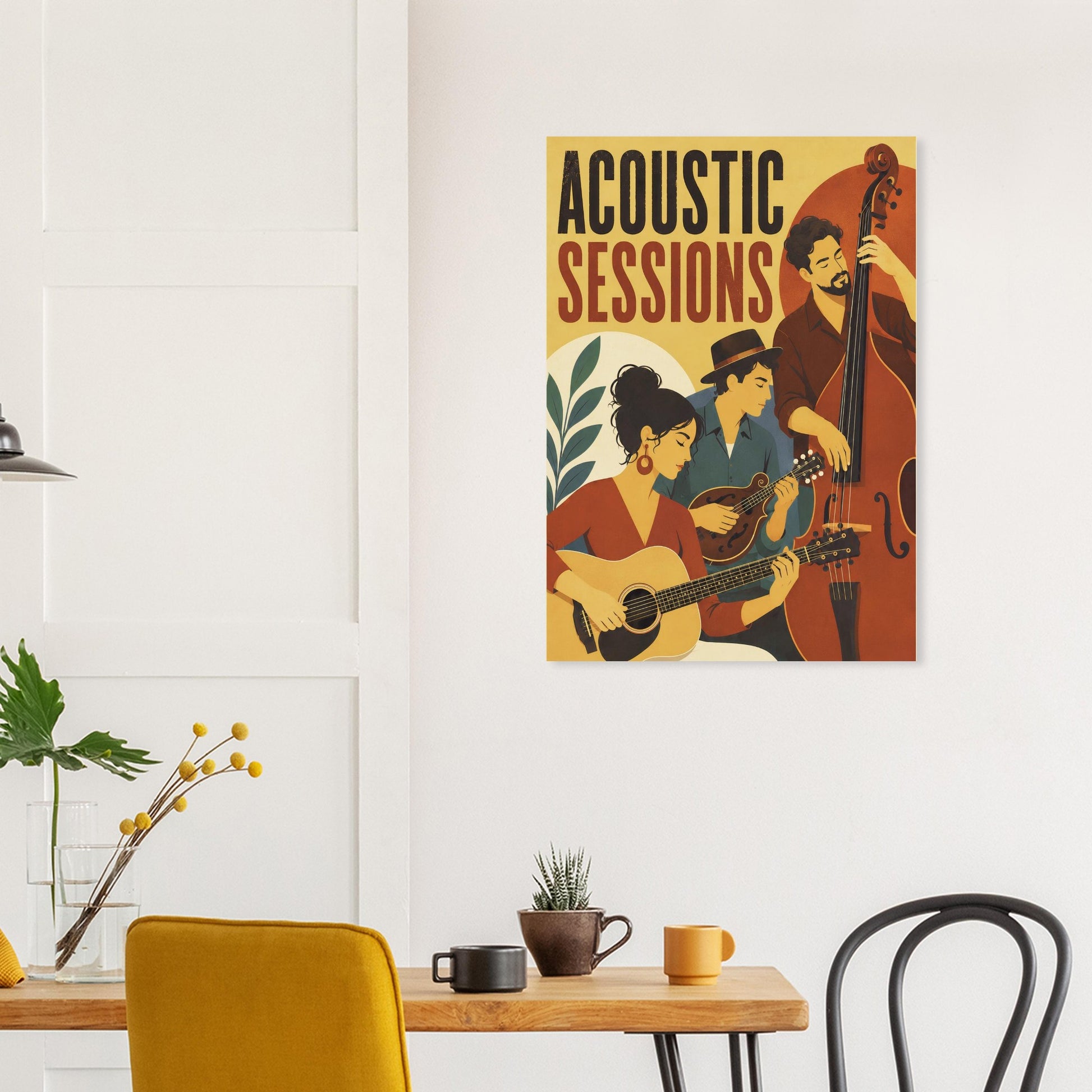 A vertical canvas wall art print featuring a retro-style acoustic music scene with the text 'ACOUSTIC SESSIONS' hangs on a white wall above a wooden dining table with chairs and mugs.