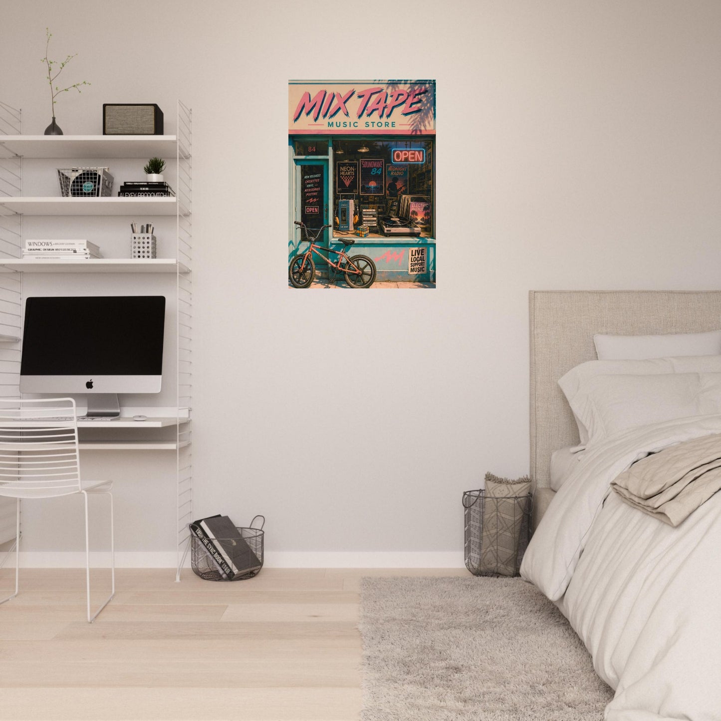 Modern bedroom with a bed, desk, and 'Mix Tape Music Store' poster on the wall.