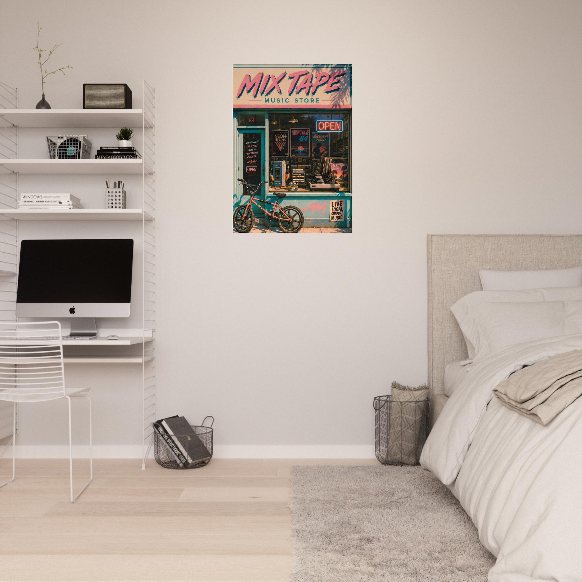 Modern bedroom with a bed, desk, and 'Mix Tape Music Store' poster on the wall.