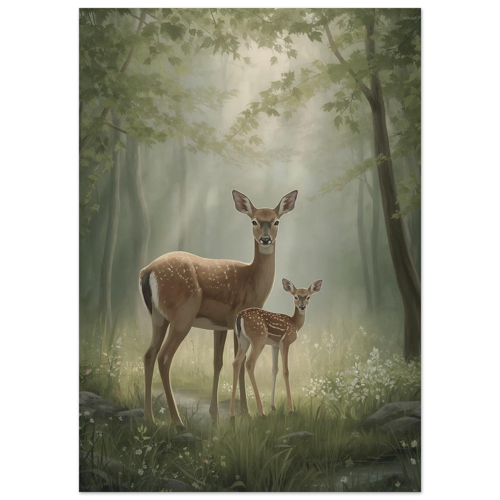 mother and fawn deer wall art poster in soft spring forest scene