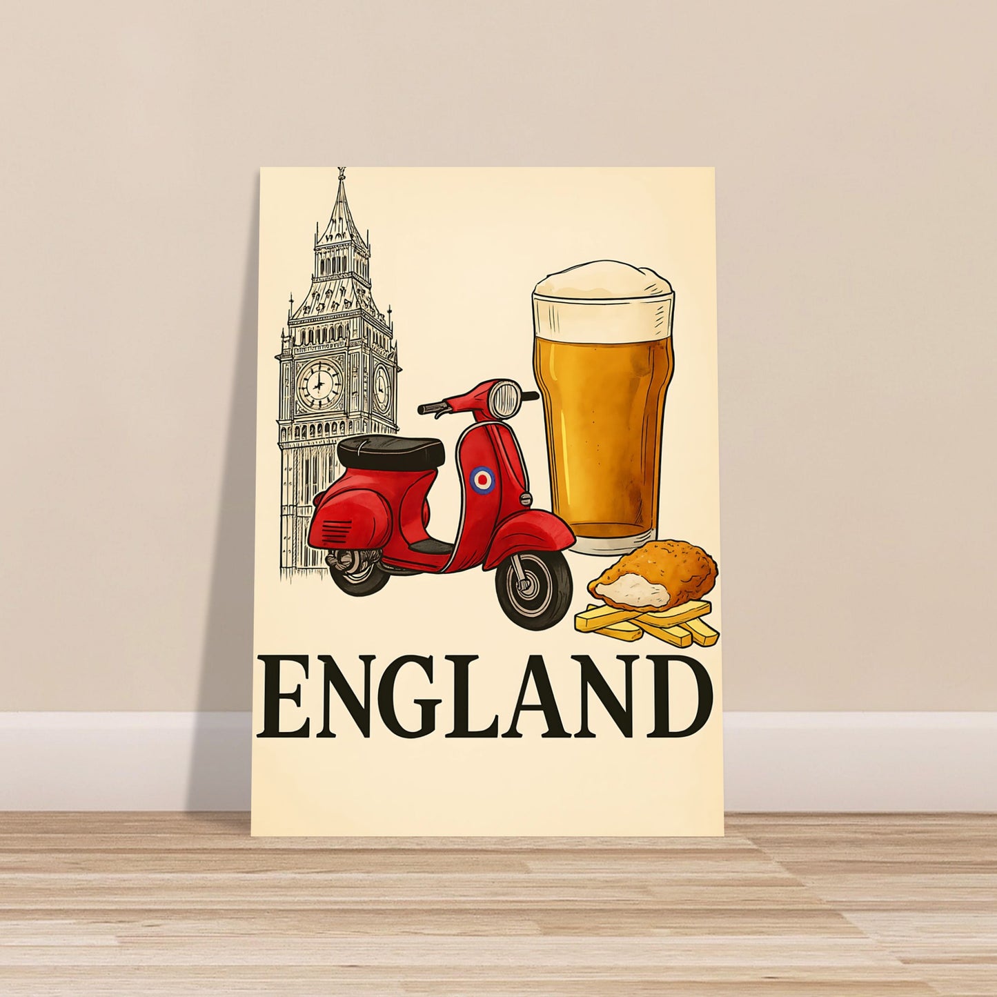 Classic England Poster - Vespa, Big Ben & Beer - British Retro Decor
