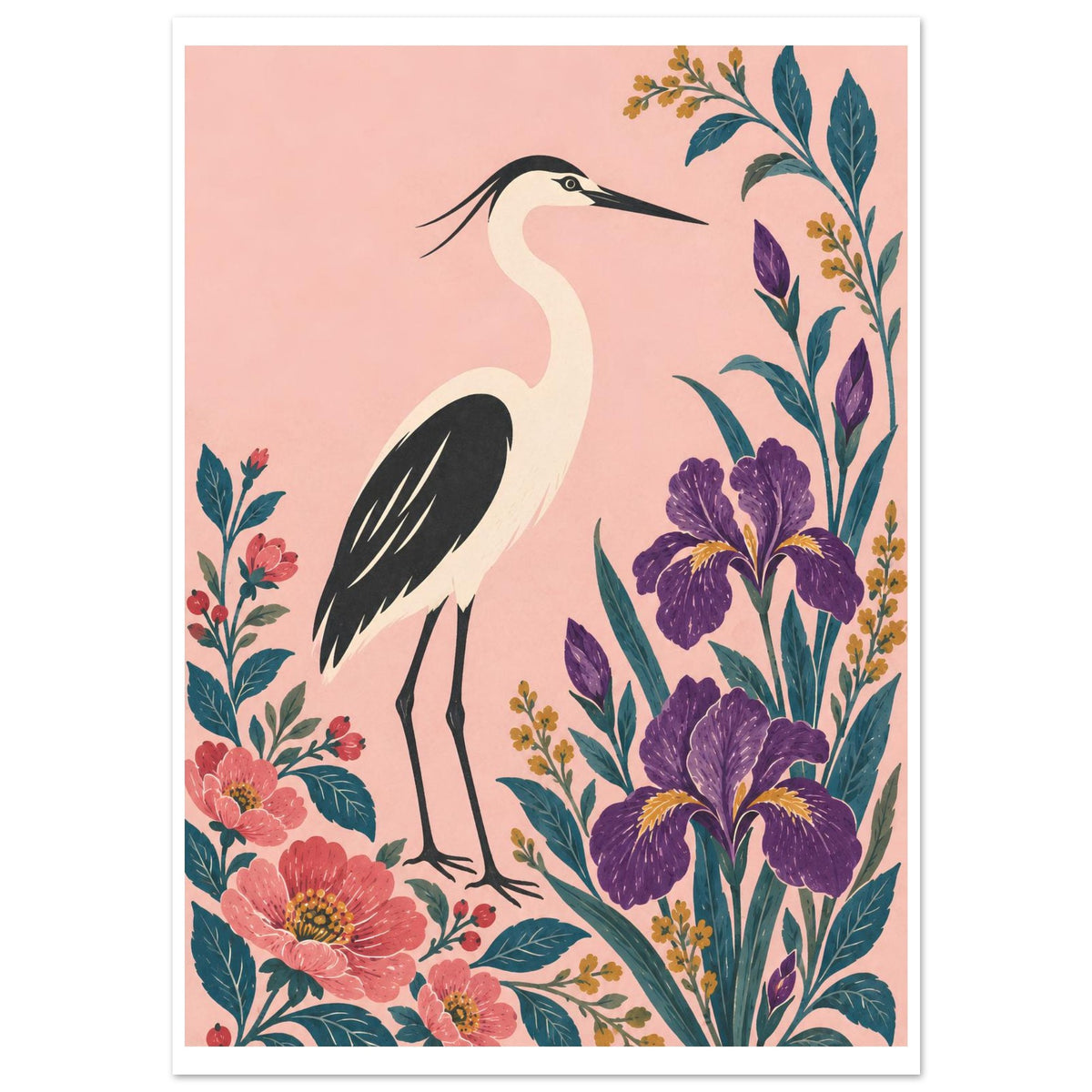 A framed art print featuring a stylized heron standing among pink flowers and purple irises on a soft pink background.