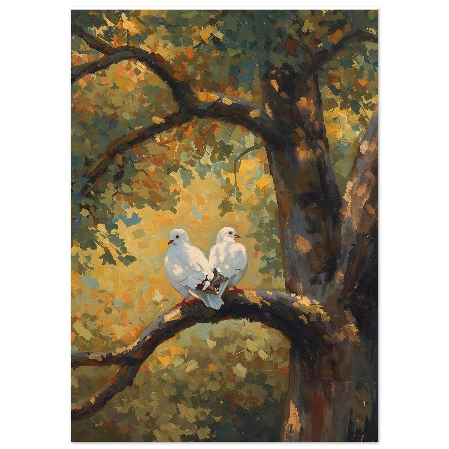 Two white birds perched on a branch with autumn foliage in the background