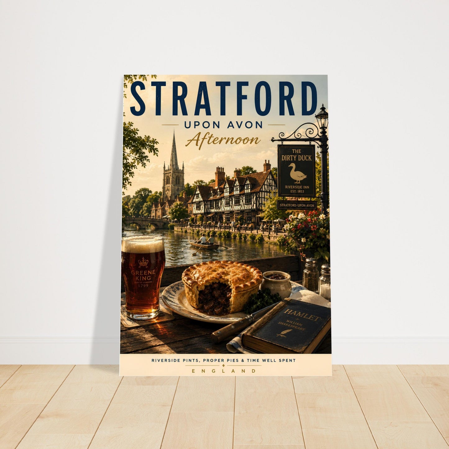 Poster of Stratford-upon-Avon with a pie, pint of beer, and book on a table.