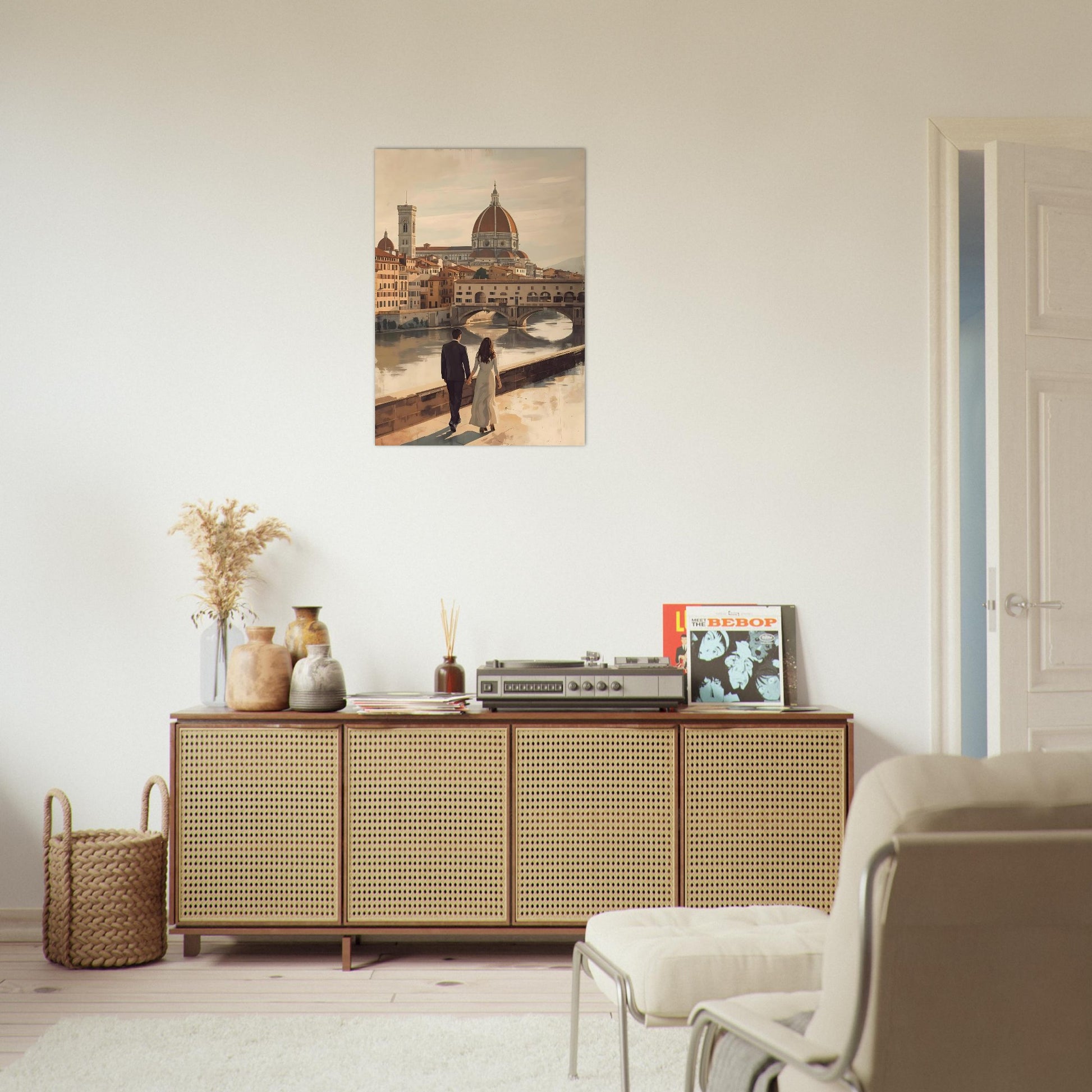 Romantic Florence wall art featuring a couple by the Arno River with the Duomo and Ponte Vecchio in warm vintage tones. Elegant Italian city decor.