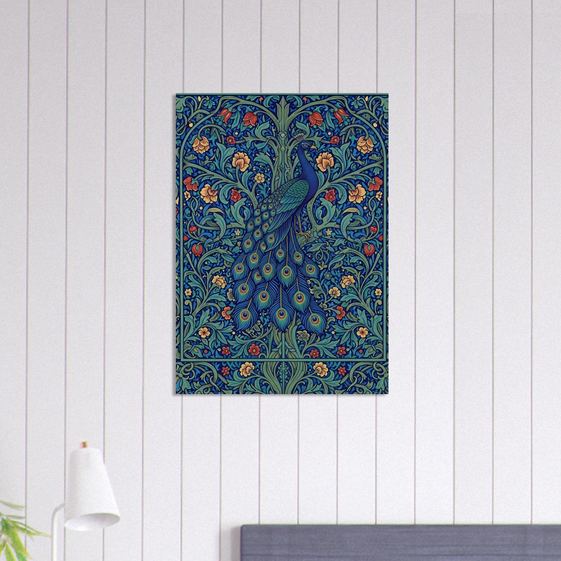 A vertical wall art print featuring a detailed peacock and floral pattern in deep blue, teal, green, and orange, displayed on a white wood-paneled wall above a bed.