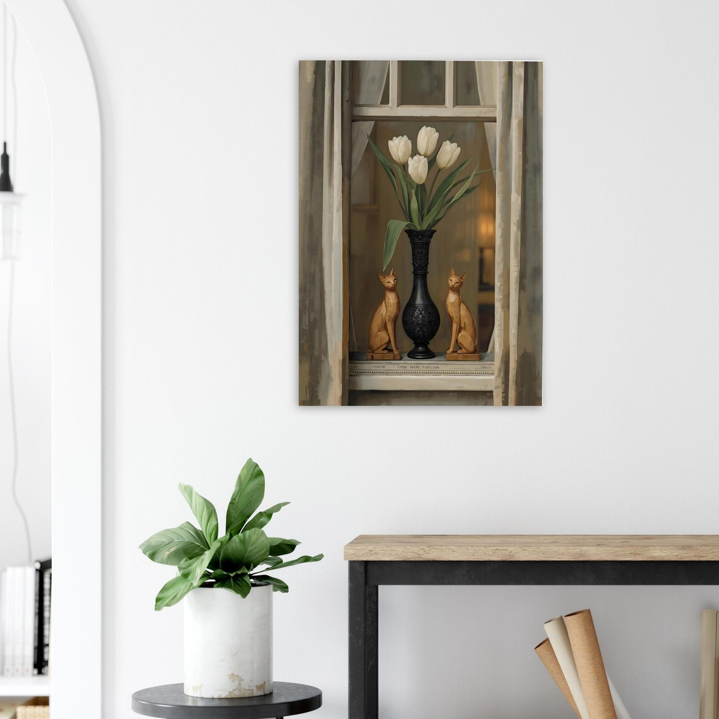 Tulip window poster with wooden cats displayed on dark green wall in contemporary interior