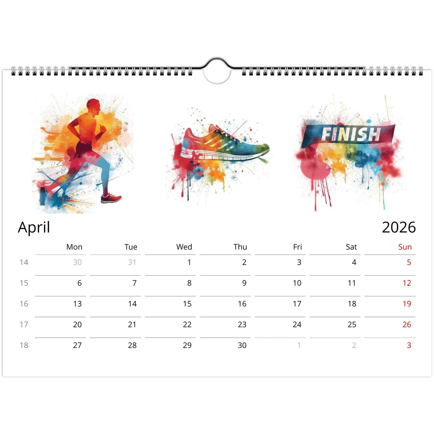 Calendar for April 2026 with colorful running-themed design