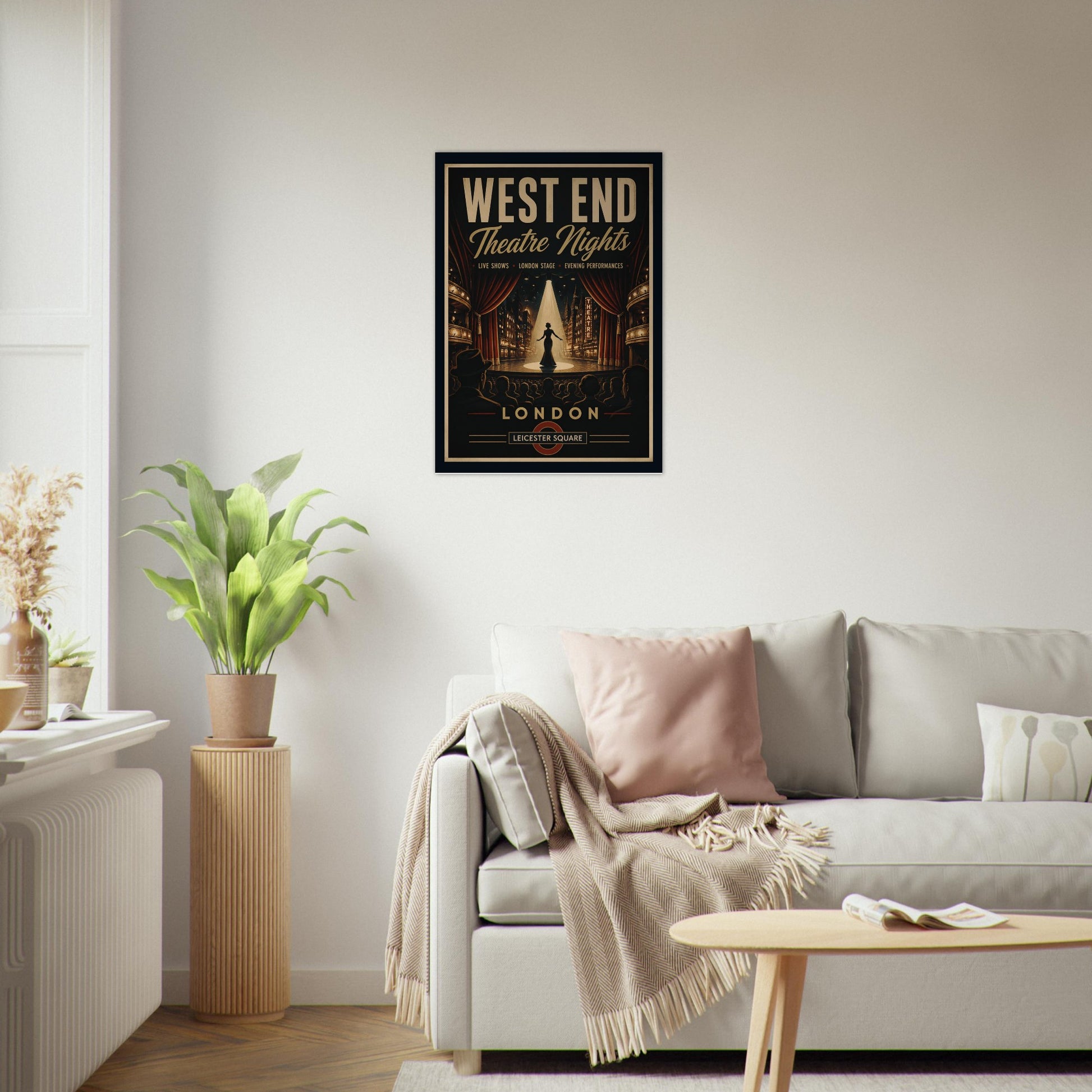 Living room with a framed poster titled 'West End Theatre Nights London' on the wall.