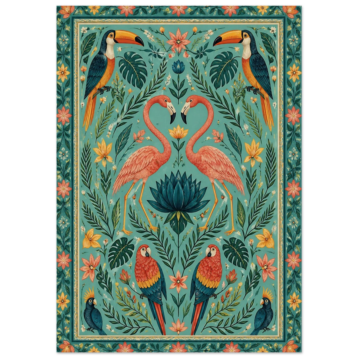 Flamingo and toucan folk art print